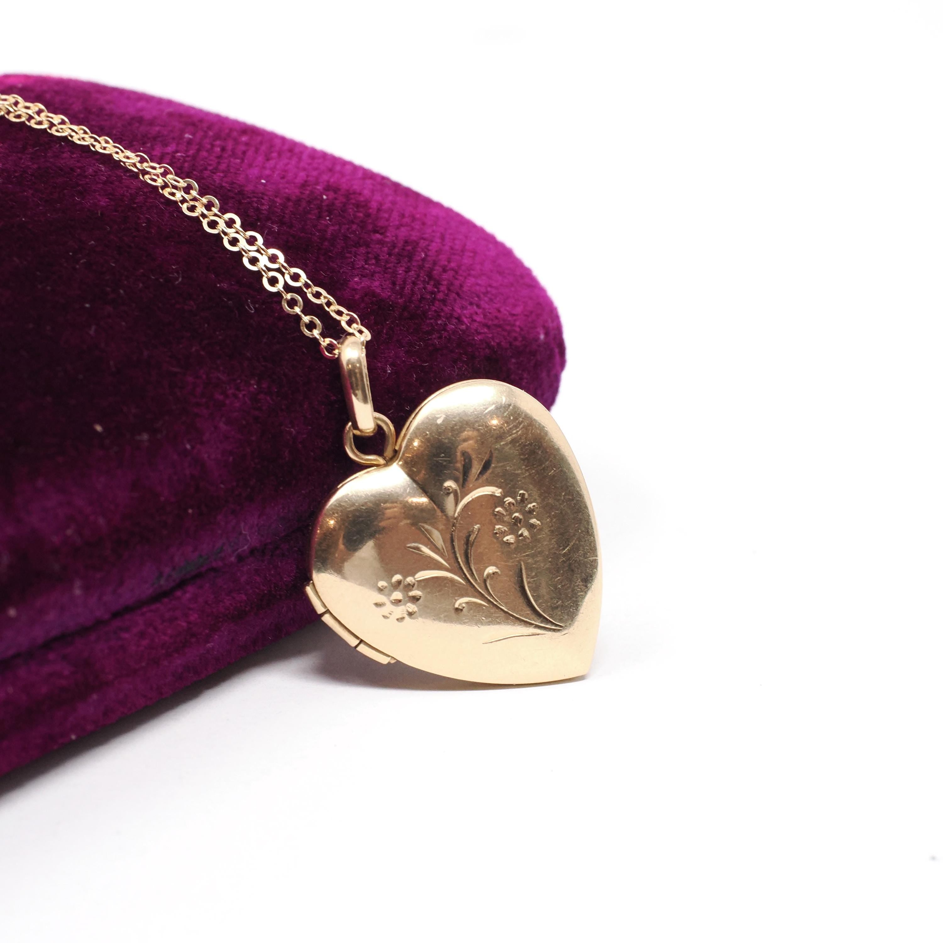 Vintage Heart Locket - Mid Century 14k Yellow Gold Flower Charm Necklace - Circa 1960s Era Fine Petite Photo Keepsake Ballou BAB Co Jewelry