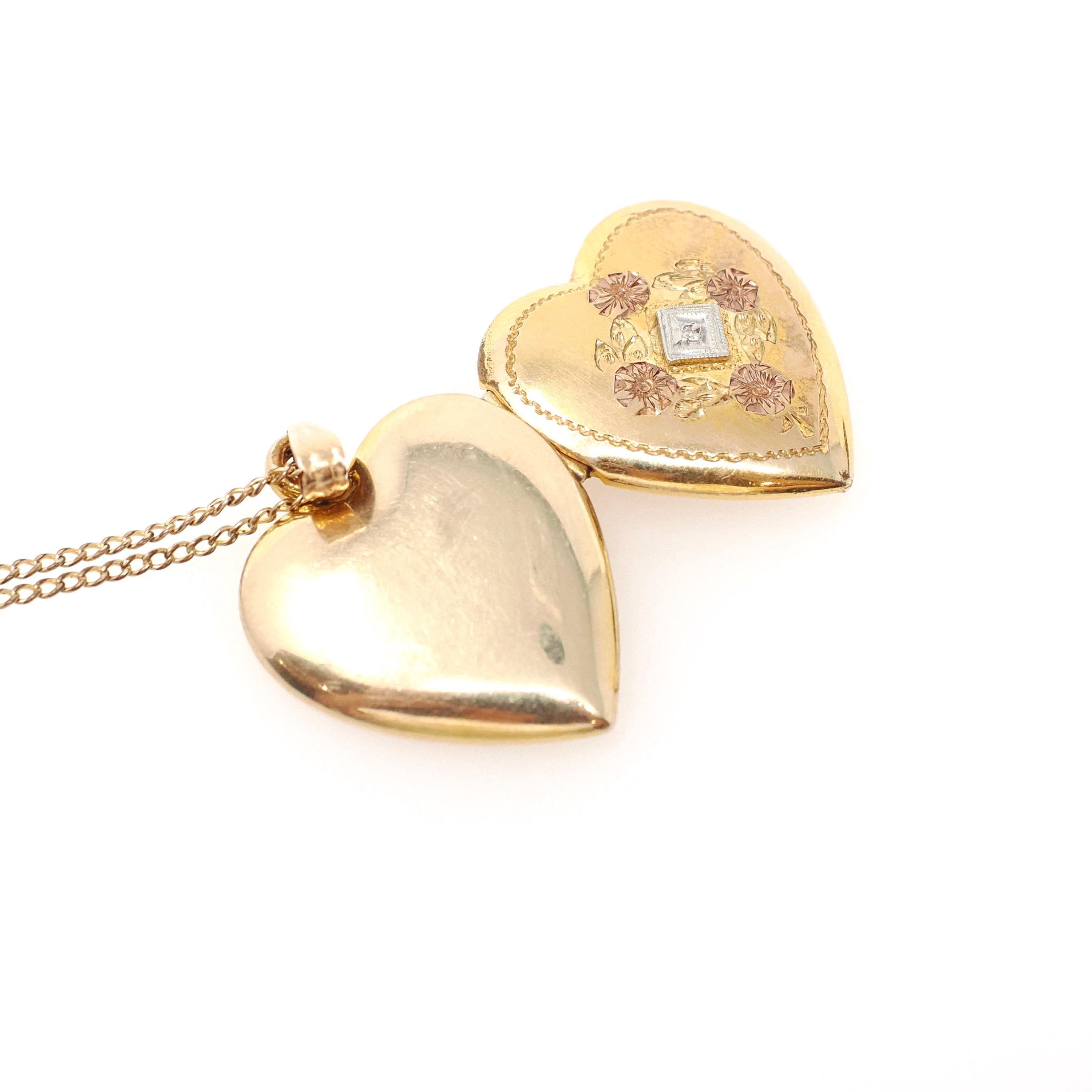 Vintage Heart Locket - Retro 12k Gold Filled Diamond Flower Pendant Necklace - Circa 1940s Era Statement Keepsake Photograph Dason Jewelry