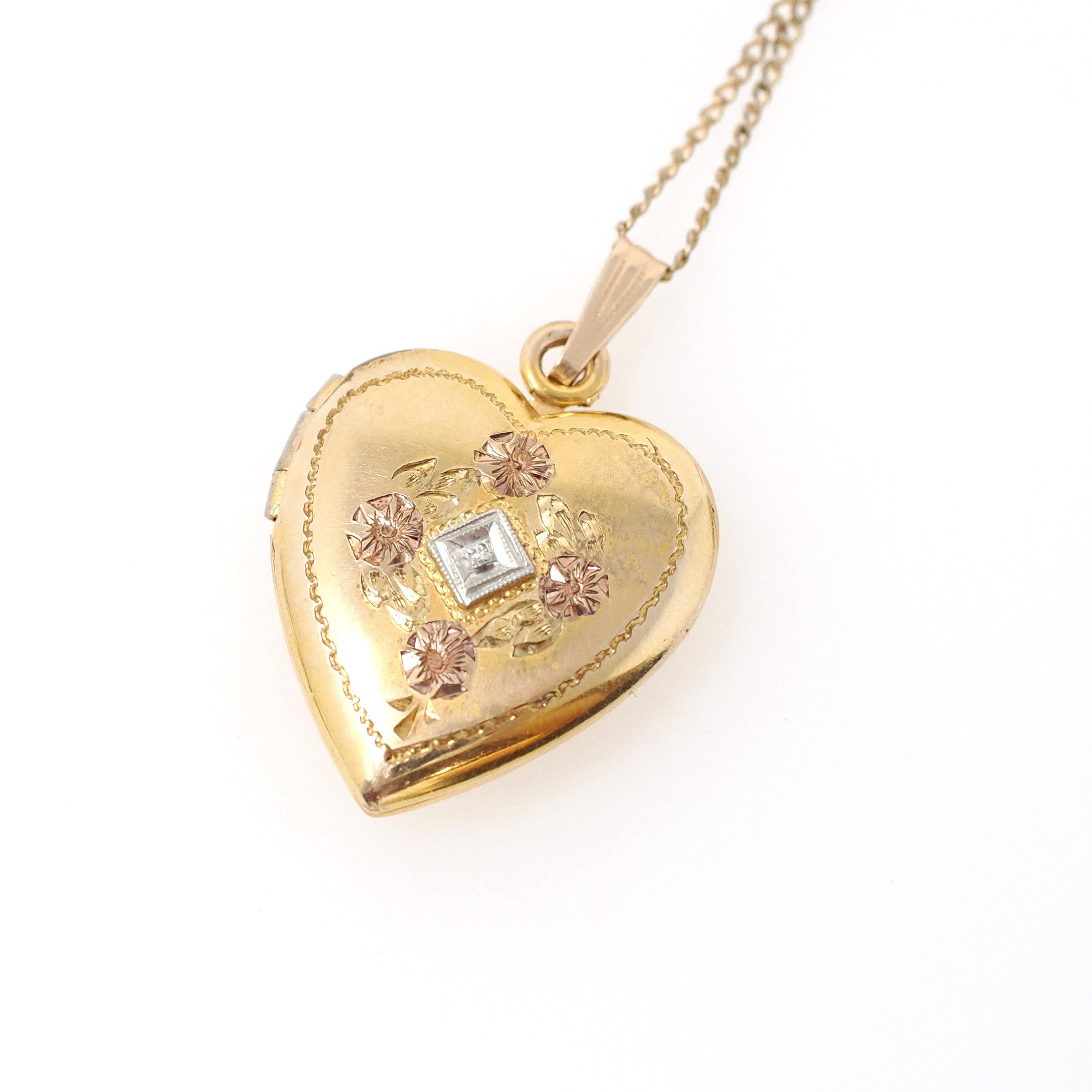 Vintage Heart Locket - Retro 12k Gold Filled Diamond Flower Pendant Necklace - Circa 1940s Era Statement Keepsake Photograph Dason Jewelry