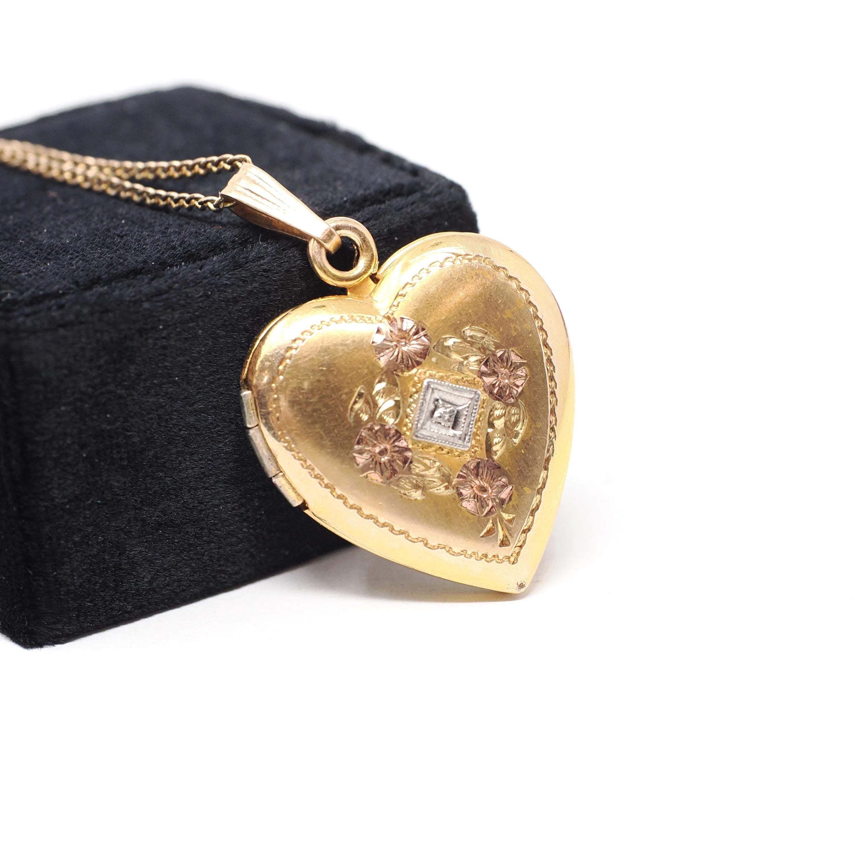 Vintage Heart Locket - Retro 12k Gold Filled Diamond Flower Pendant Necklace - Circa 1940s Era Statement Keepsake Photograph Dason Jewelry