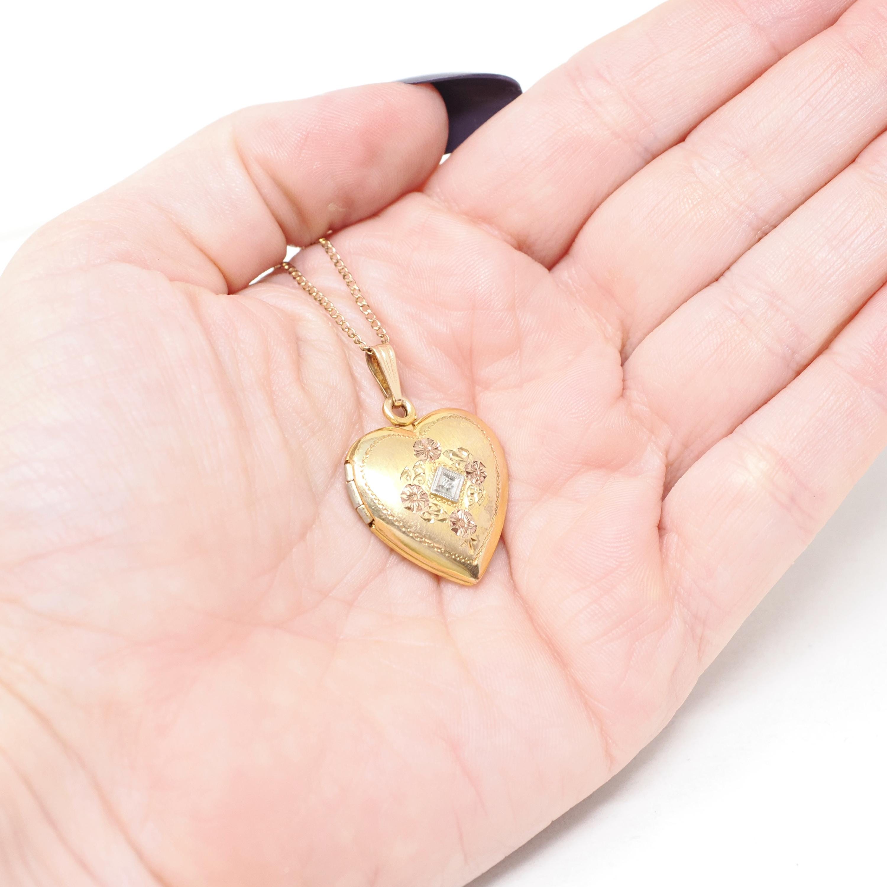Vintage Heart Locket - Retro 12k Gold Filled Diamond Flower Pendant Necklace - Circa 1940s Era Statement Keepsake Photograph Dason Jewelry