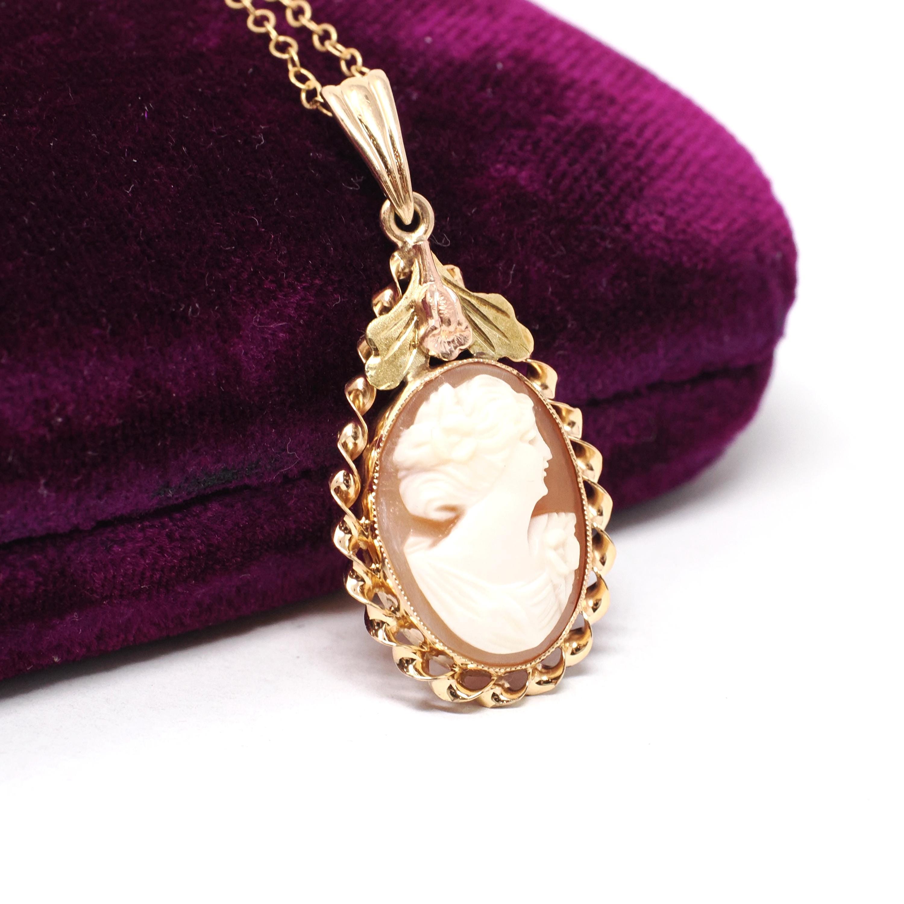 Vintage Cameo Necklace - Retro 10k Yellow & Rose Gold Oval Carved Shell Woman's Profile Pendant - Circa 1940s Era Statement Fine BDA Jewelry
