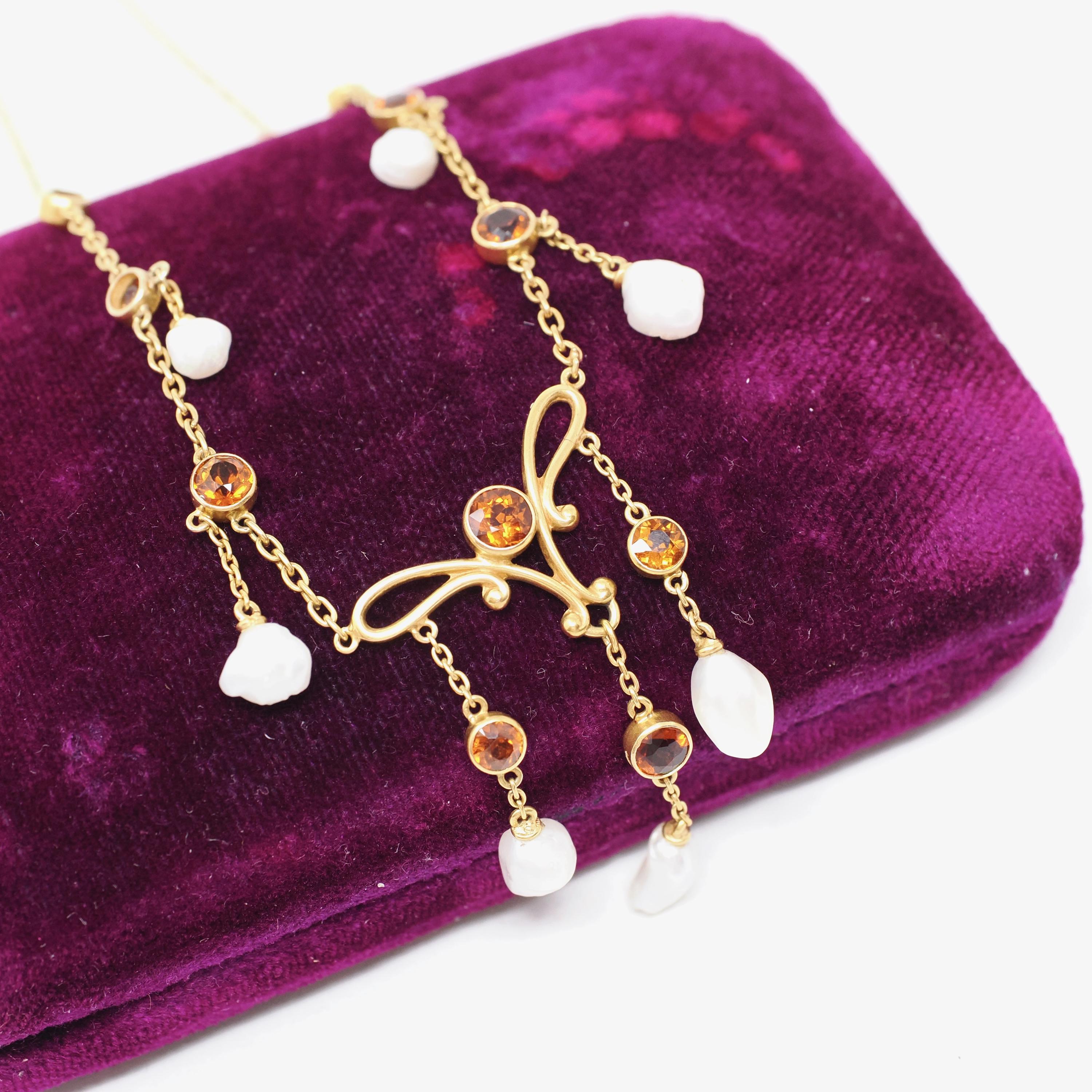 Antique Festoon Necklace - Edwardian 14k Yellow Gold Natural Citrine Gemstones & Baroque Pearls - Art Nouveau Circa 1900s Statement Jewelry