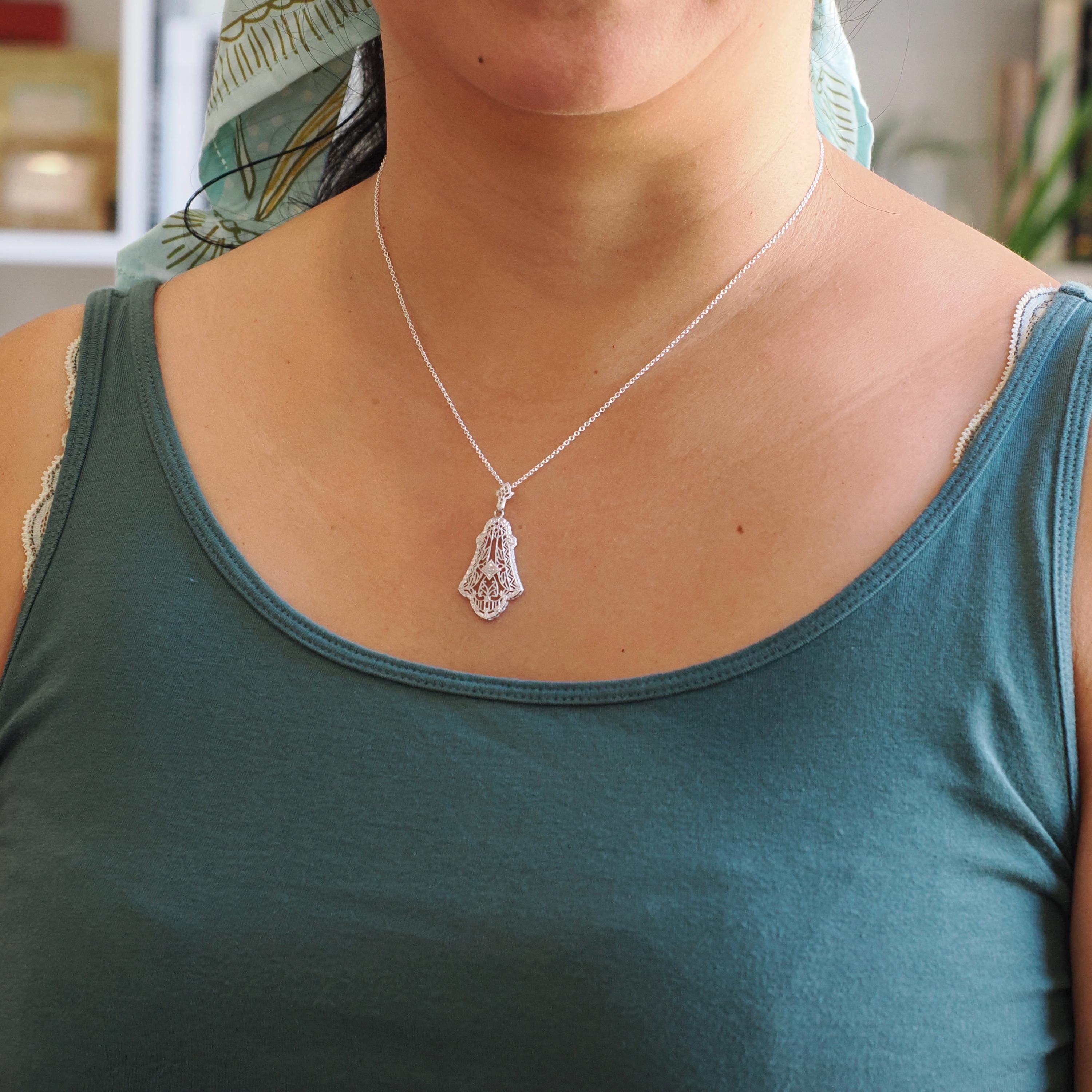 Art Deco Necklace - Vintage 10k White Gold .07 CT Diamond Lavalier Necklace - Circa 1930s Era Lacy Filigree Statement Fine Esemco Jewelry