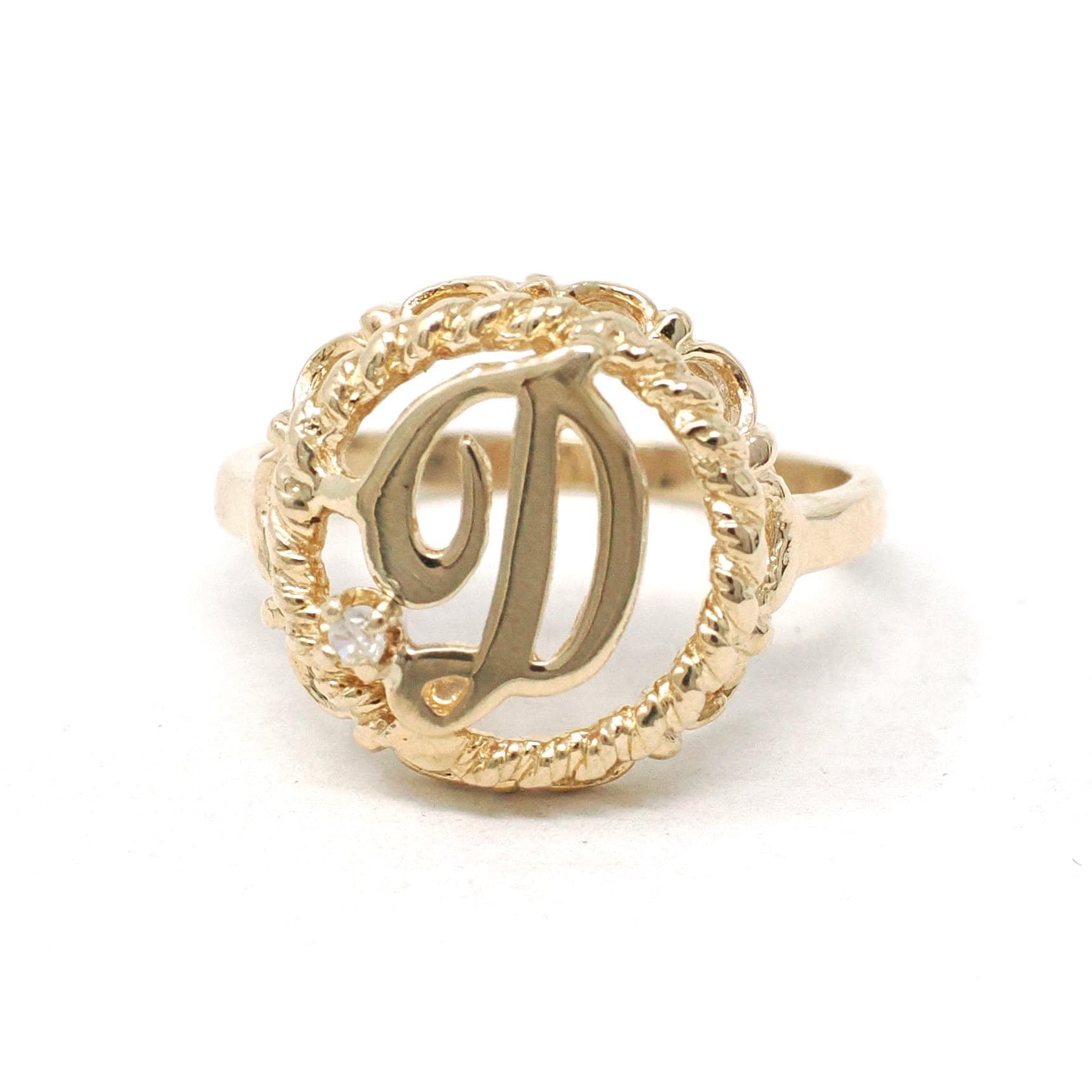 Letter "D" Ring - Estate 14k Yellow Gold Natural Diamond Twisted Rope Design - Vintage Circa 1990s Era Size 4 1/4 Statement 90s Fine Jewelry