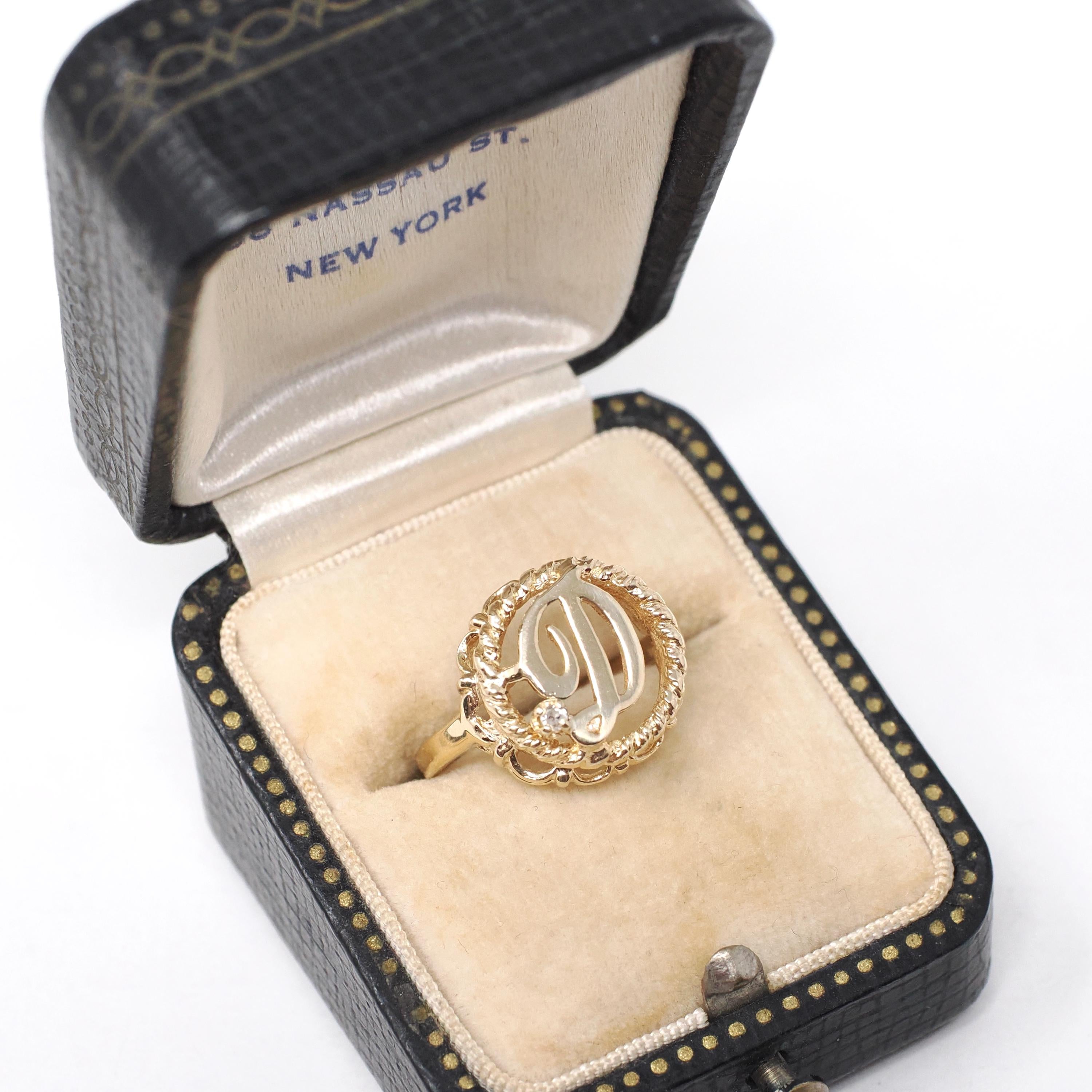 Letter "D" Ring - Estate 14k Yellow Gold Natural Diamond Twisted Rope Design - Vintage Circa 1990s Era Size 4 1/4 Statement 90s Fine Jewelry