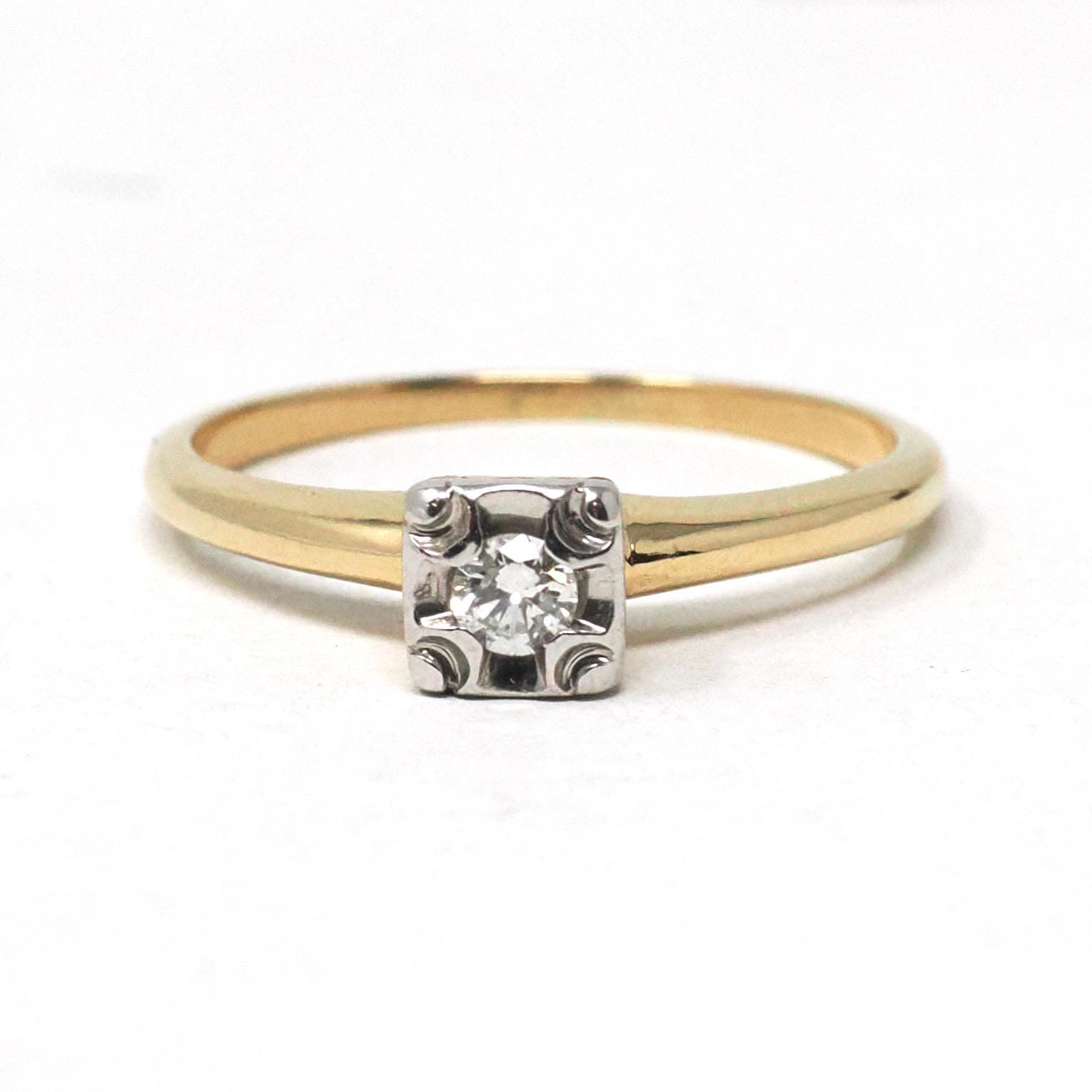 Vintage Engagement Ring - Mid Century 14k Yellow & White Gold .07 CT Natural Diamond Solitaire - Circa 1950s Size 6 1/4 Fine Bridal Jewelry