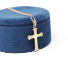 Vintage Cross Pendant - Mid Century 10k Yellow Gold Floral Etching Charm Necklace - Circa 1940s Era Dainty Religious Faith Esemco Jewelry
