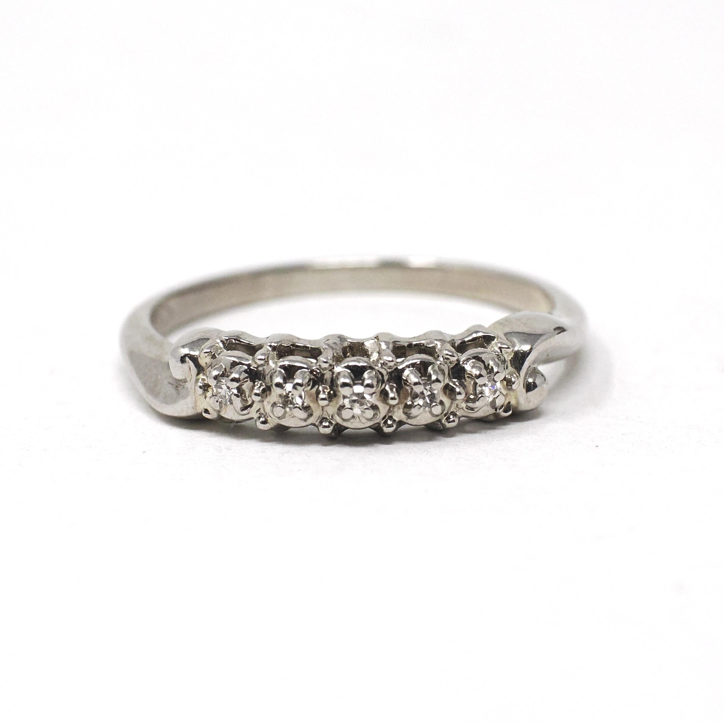 Diamond Wedding Band - Vintage 14k White Gold Natural .03 CTW Ring - Mid Century Circa 1950s Era Size 6 1/2 Stacking Fine Bridal Jewelry