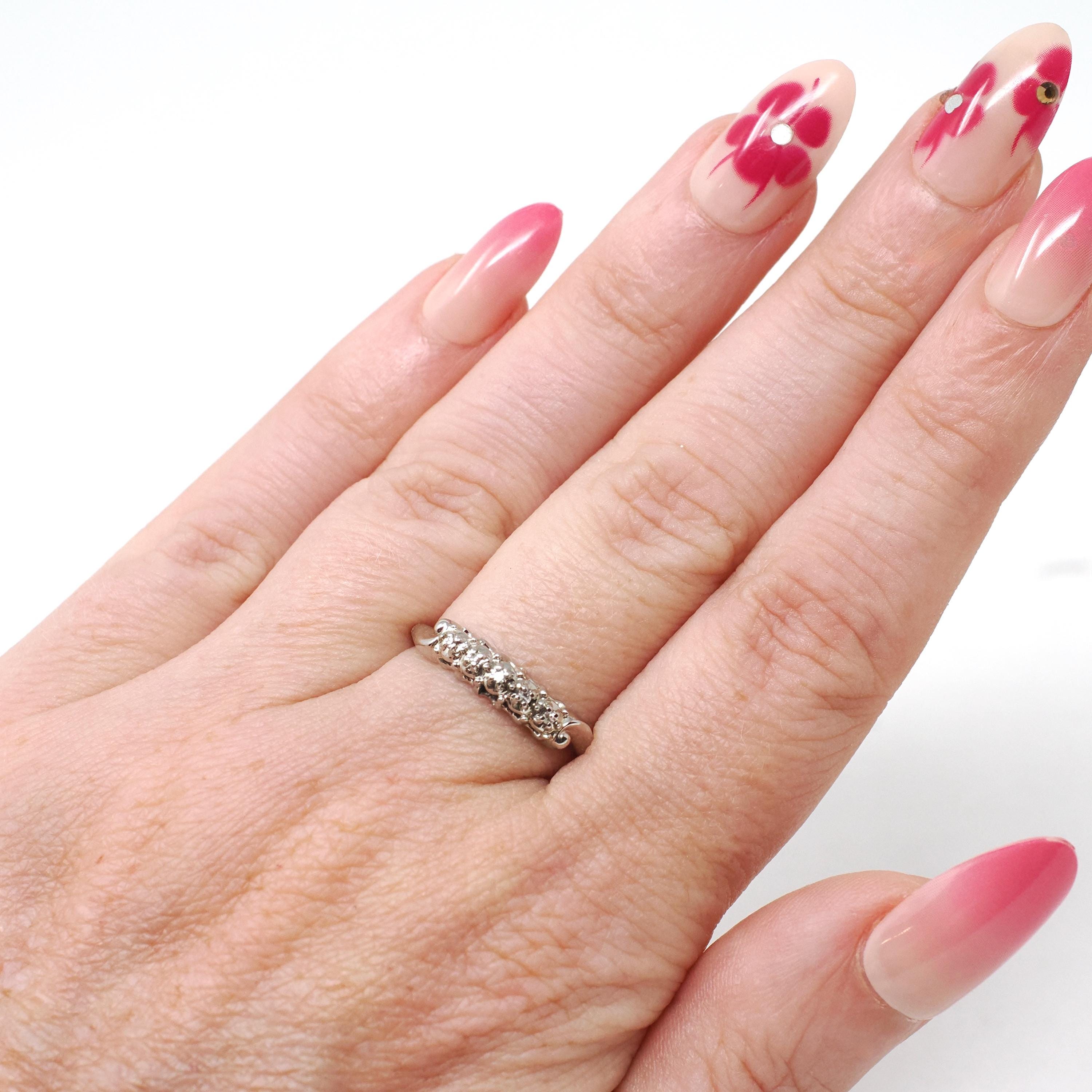 Diamond Wedding Band - Vintage 14k White Gold Natural .03 CTW Ring - Mid Century Circa 1950s Era Size 6 1/2 Stacking Fine Bridal Jewelry