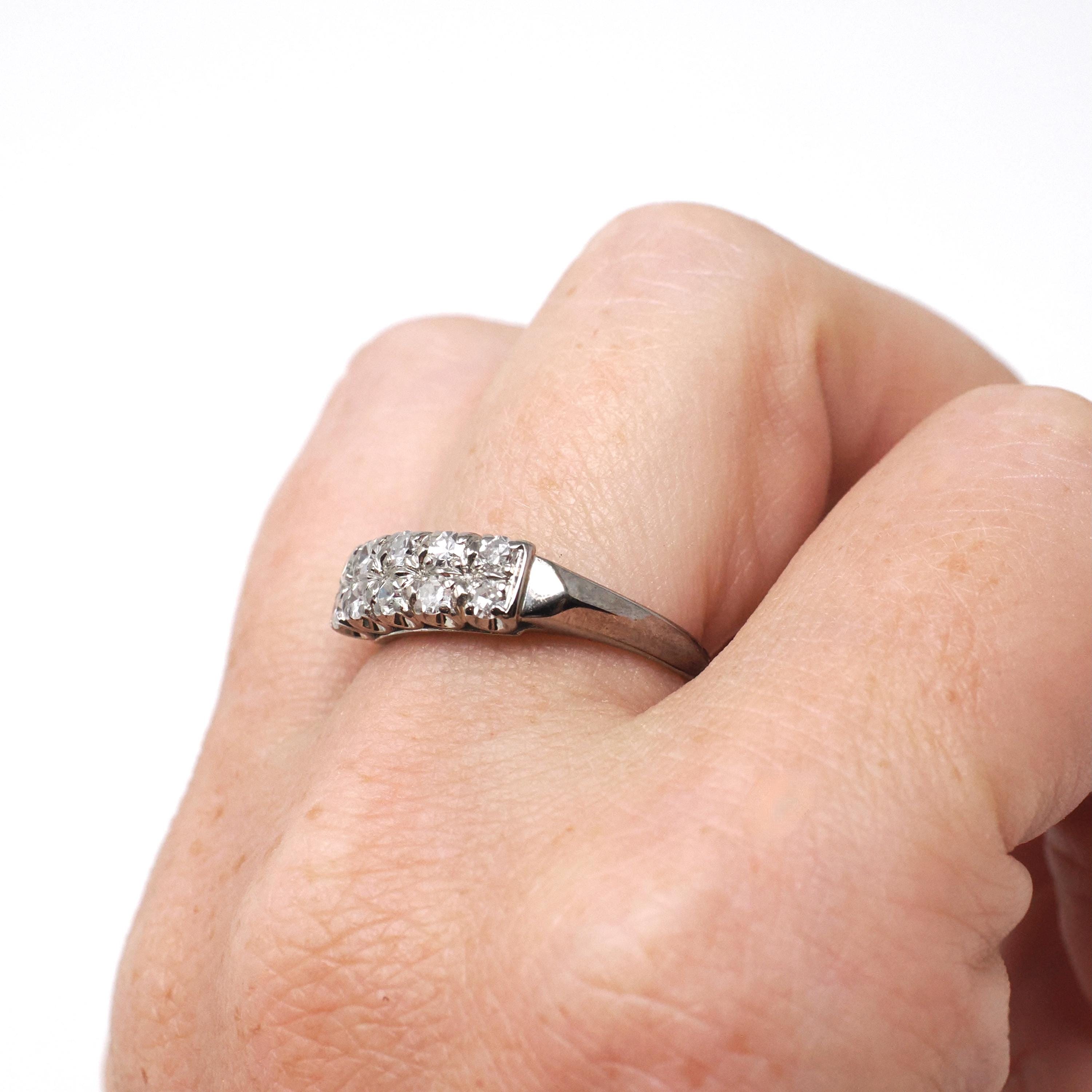 Mid Century Ring - Vintage 14k White Gold .40 CTW Diamond Two Row Wedding Band - Circa 1950s Size 6 1/2 Fine Stacking Bridal Jewelry