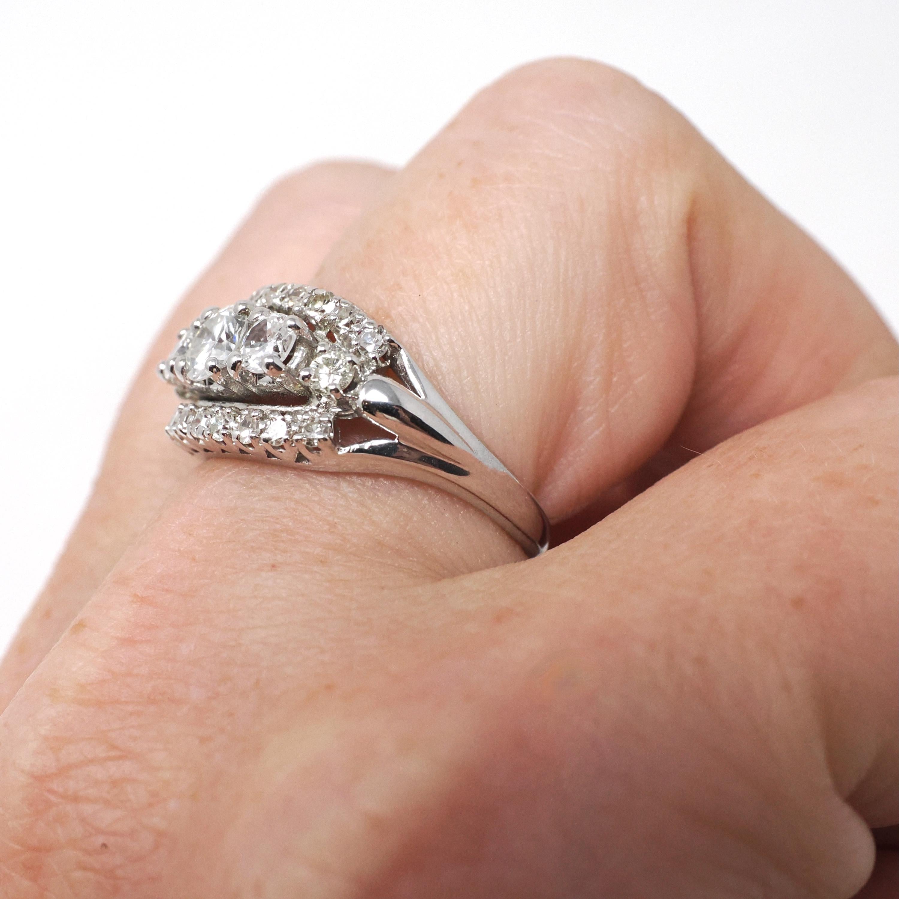 Graduated Diamond Ring - Modern Era 14k White Gold 1.05 CTW Natural Round Brilliant Cut Band - Estate Size 6 1/4 Fine Anniversary Jewelry