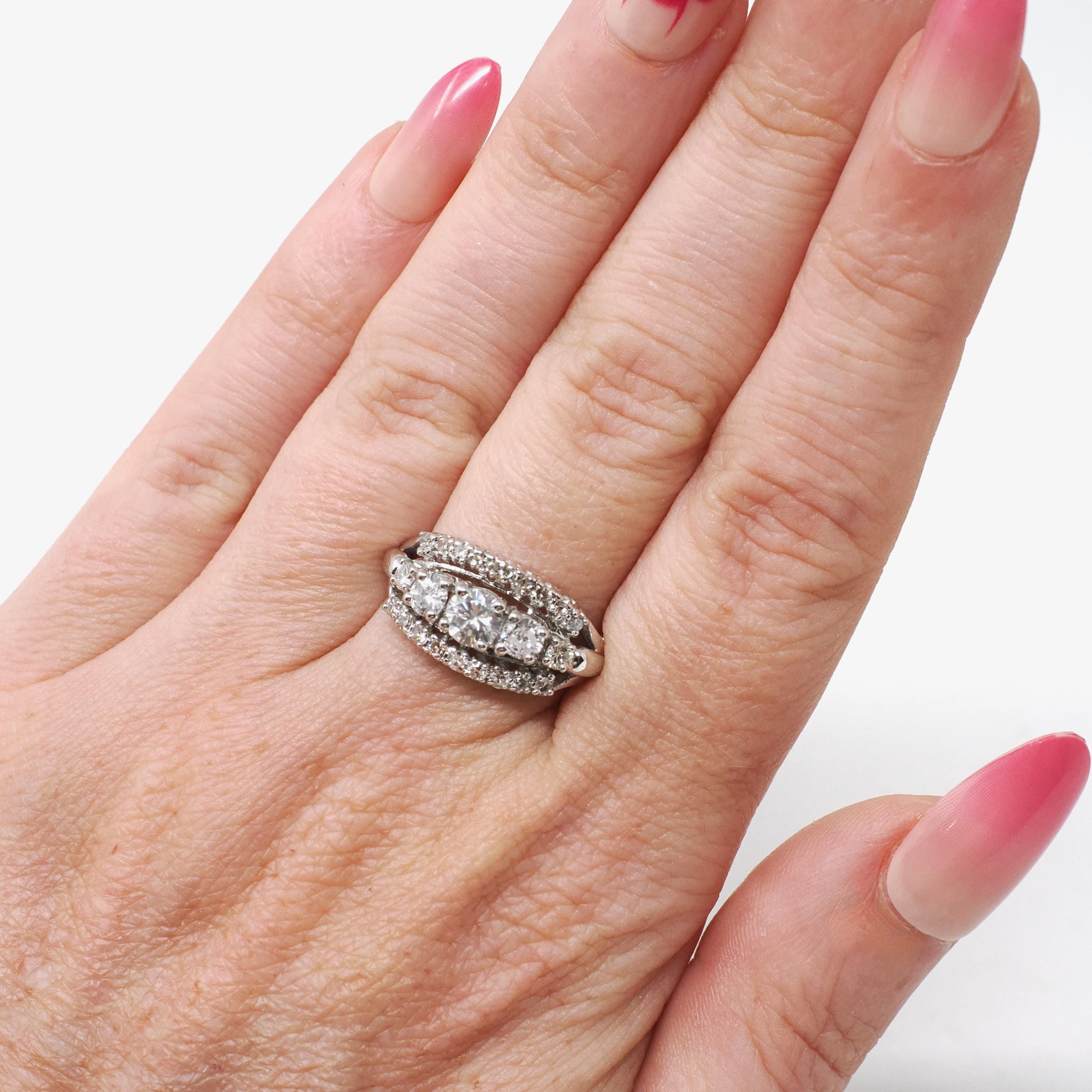 Graduated Diamond Ring - Modern Era 14k White Gold 1.05 CTW Natural Round Brilliant Cut Band - Estate Size 6 1/4 Fine Anniversary Jewelry