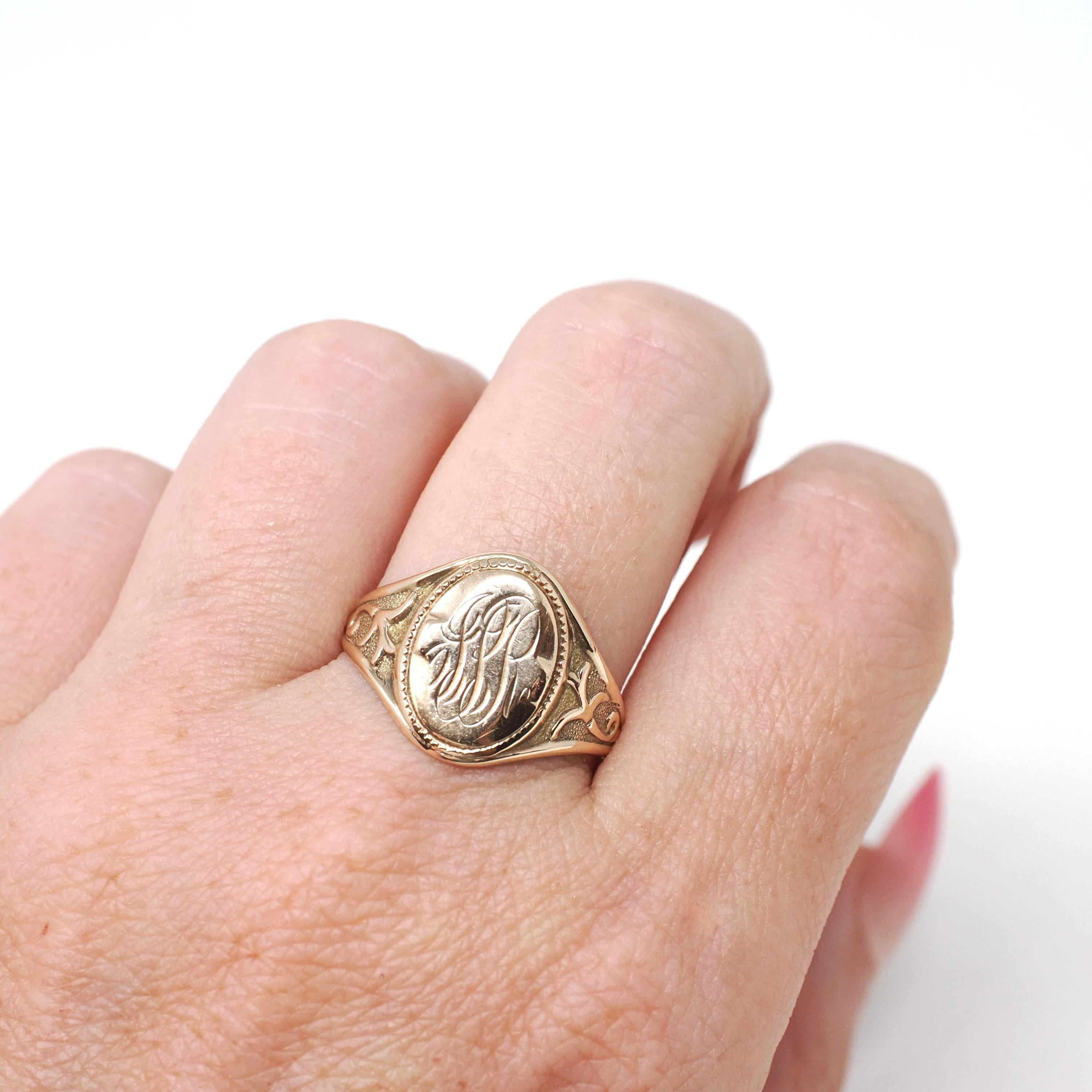 Edwardian Signet Ring - Antique 10k Yellow Gold JPR Engraved Script Monogram Initials - Art Nouveau 1910s Era Size 9 Fine Vines Jewelry