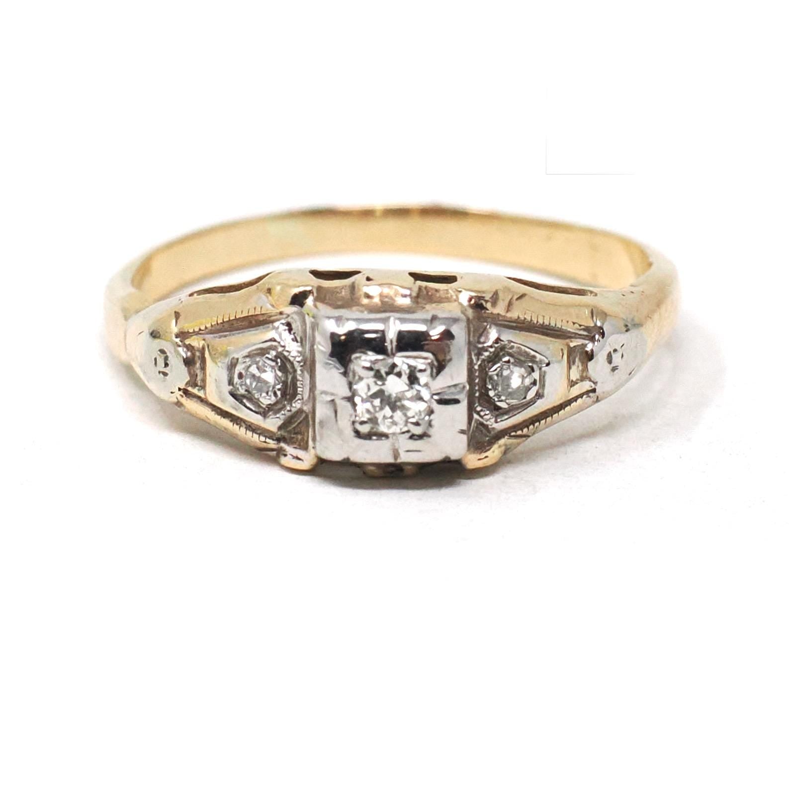 Vintage Engagement Ring - Mid Century 14k Yellow & White Gold .07 CTW Natural Diamonds - Circa 1940s Size 5.75 Two Tone Fine Bridal Jewelry