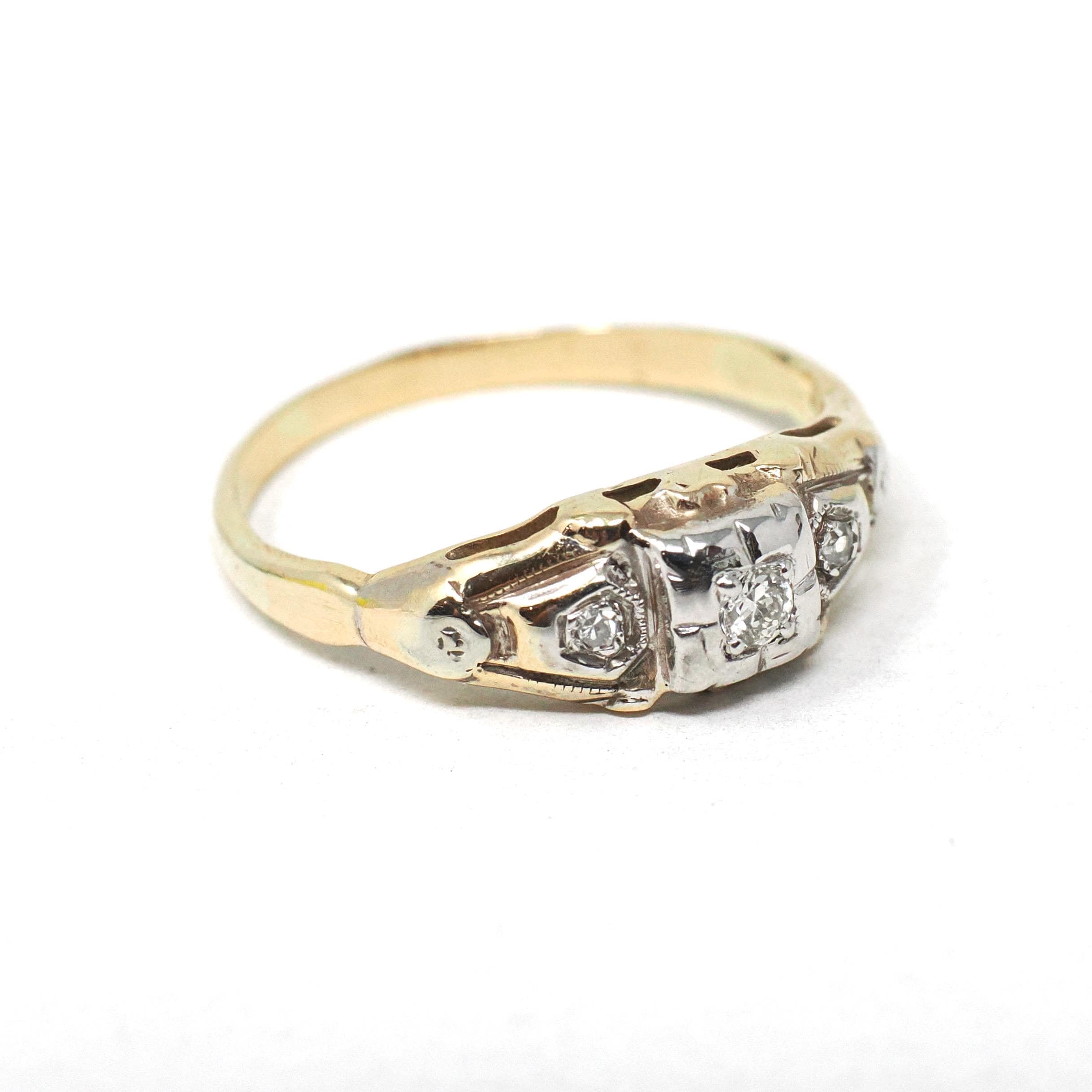 Vintage Engagement Ring - Mid Century 14k Yellow & White Gold .07 CTW Natural Diamonds - Circa 1940s Size 5.75 Two Tone Fine Bridal Jewelry