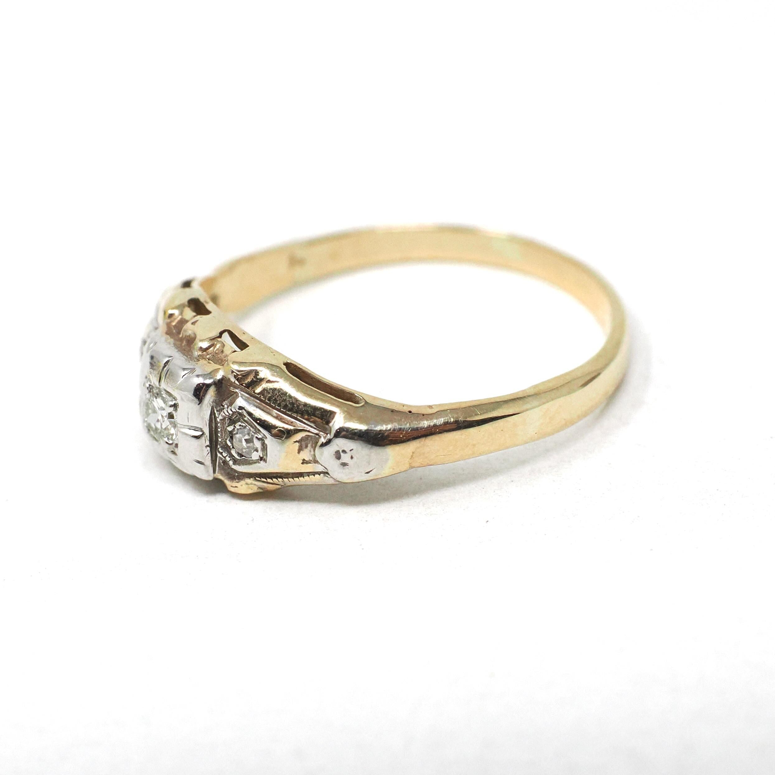 Vintage Engagement Ring - Mid Century 14k Yellow & White Gold .07 CTW Natural Diamonds - Circa 1940s Size 5.75 Two Tone Fine Bridal Jewelry