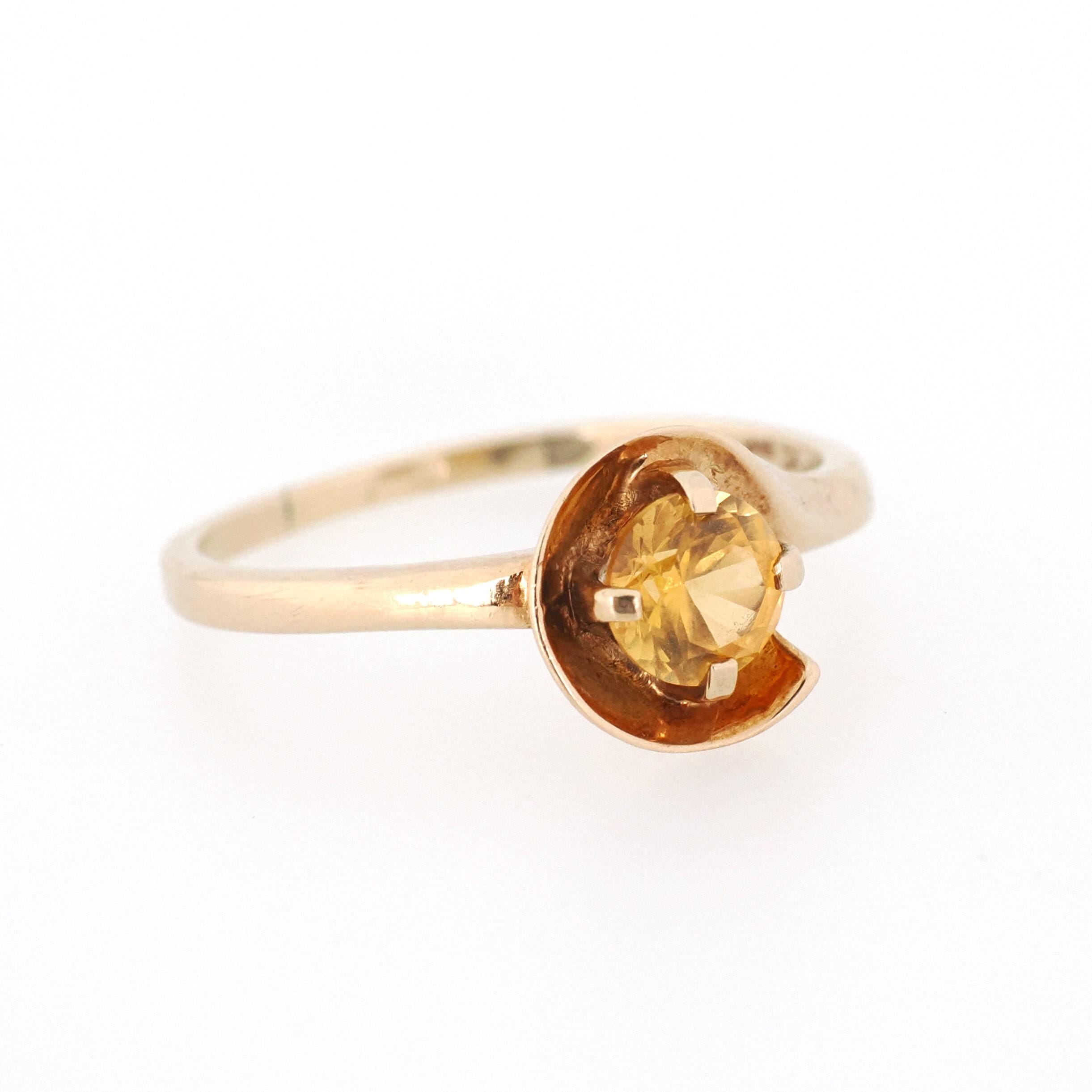 Created Yellow Sapphire Ring - Mid Century 10k Yellow Gold Round Faceted Stone - Vintage Circa 1940s Size 9 1/4 Solitaire Style Fine Jewelry