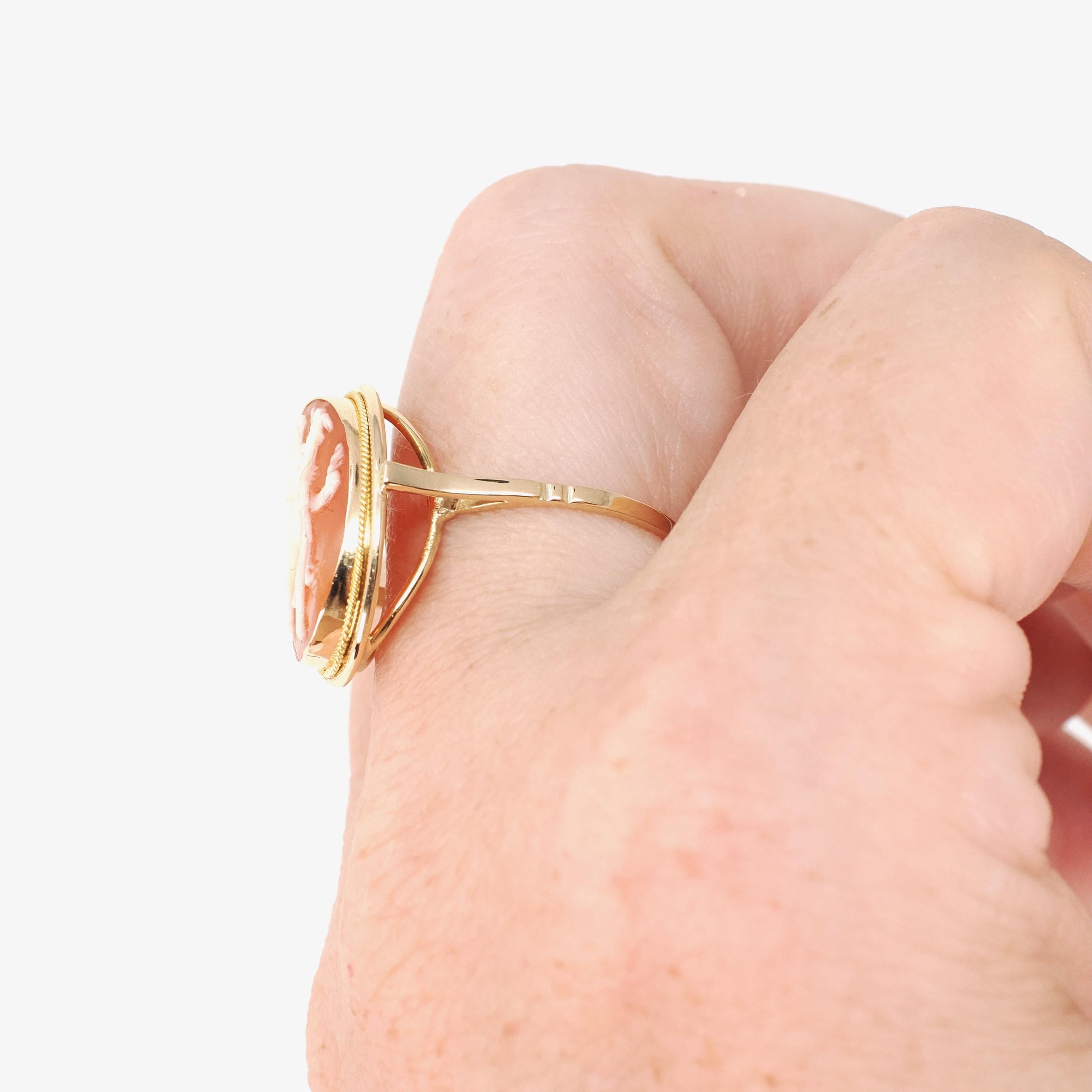 Vintage Cameo Ring - Mid Century 18k Yellow Gold Carved Shell Twisted Rope Solitaire - Circa 1940s Size 6 1/4 Full Body Muse Fine Jewelry