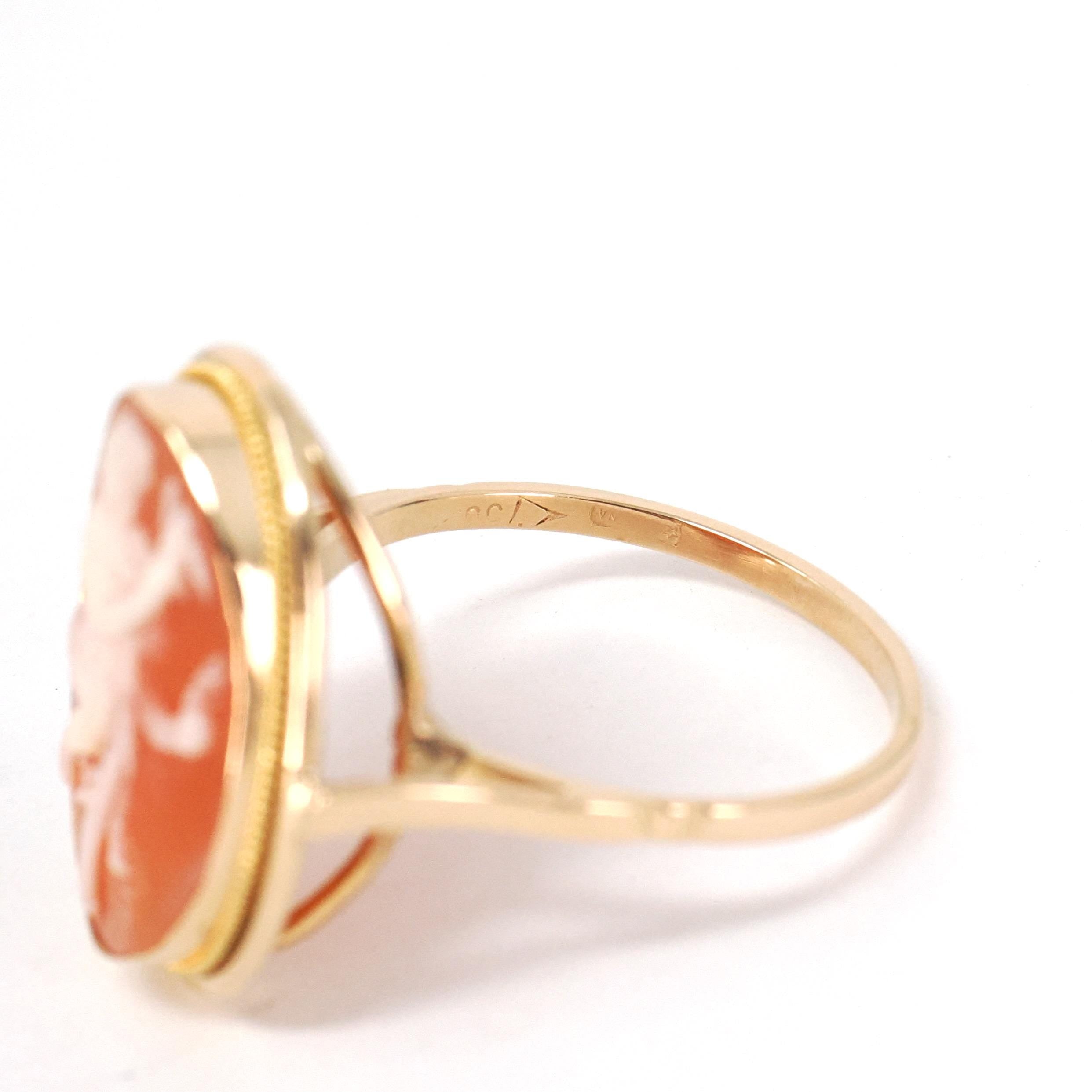 Vintage Cameo Ring - Mid Century 18k Yellow Gold Carved Shell Twisted Rope Solitaire - Circa 1940s Size 6 1/4 Full Body Muse Fine Jewelry