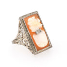 Vintage Cameo Habillé Ring - Art Deco 14k White Gold Carved Shell & Natural Diamonds - Circa 1930s Era Size 9 Portrait Fine Filigree Jewelry