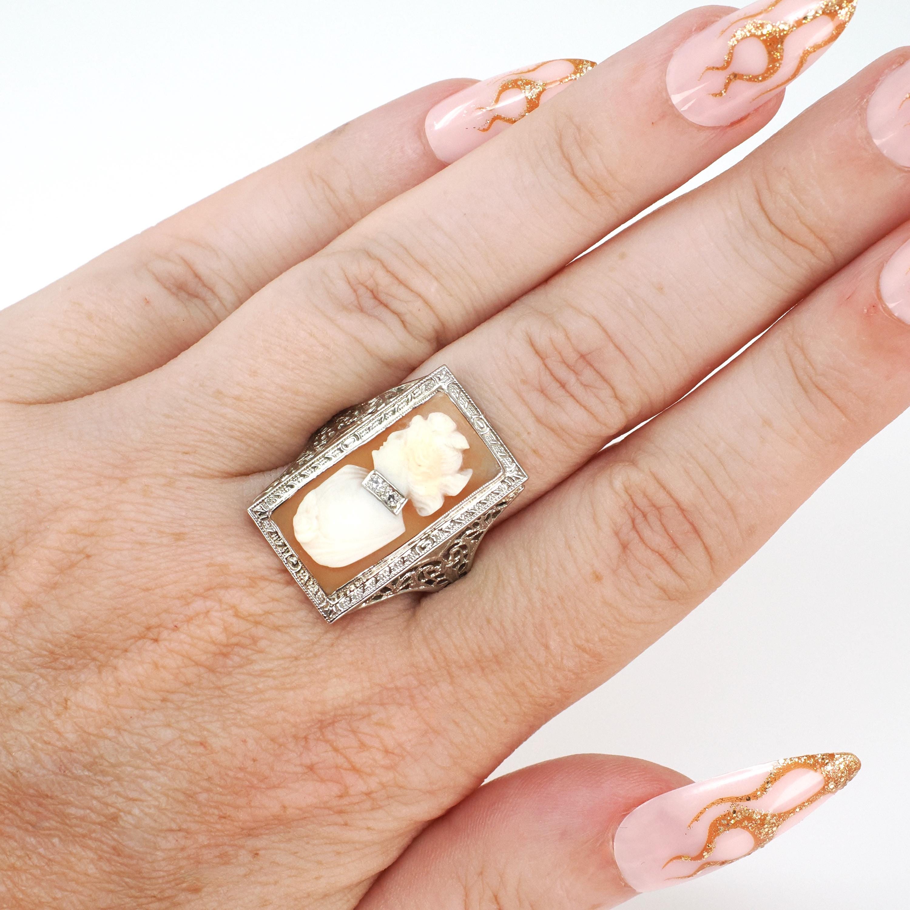 Vintage Cameo Habillé Ring - Art Deco 14k White Gold Carved Shell & Natural Diamonds - Circa 1930s Era Size 9 Portrait Fine Filigree Jewelry
