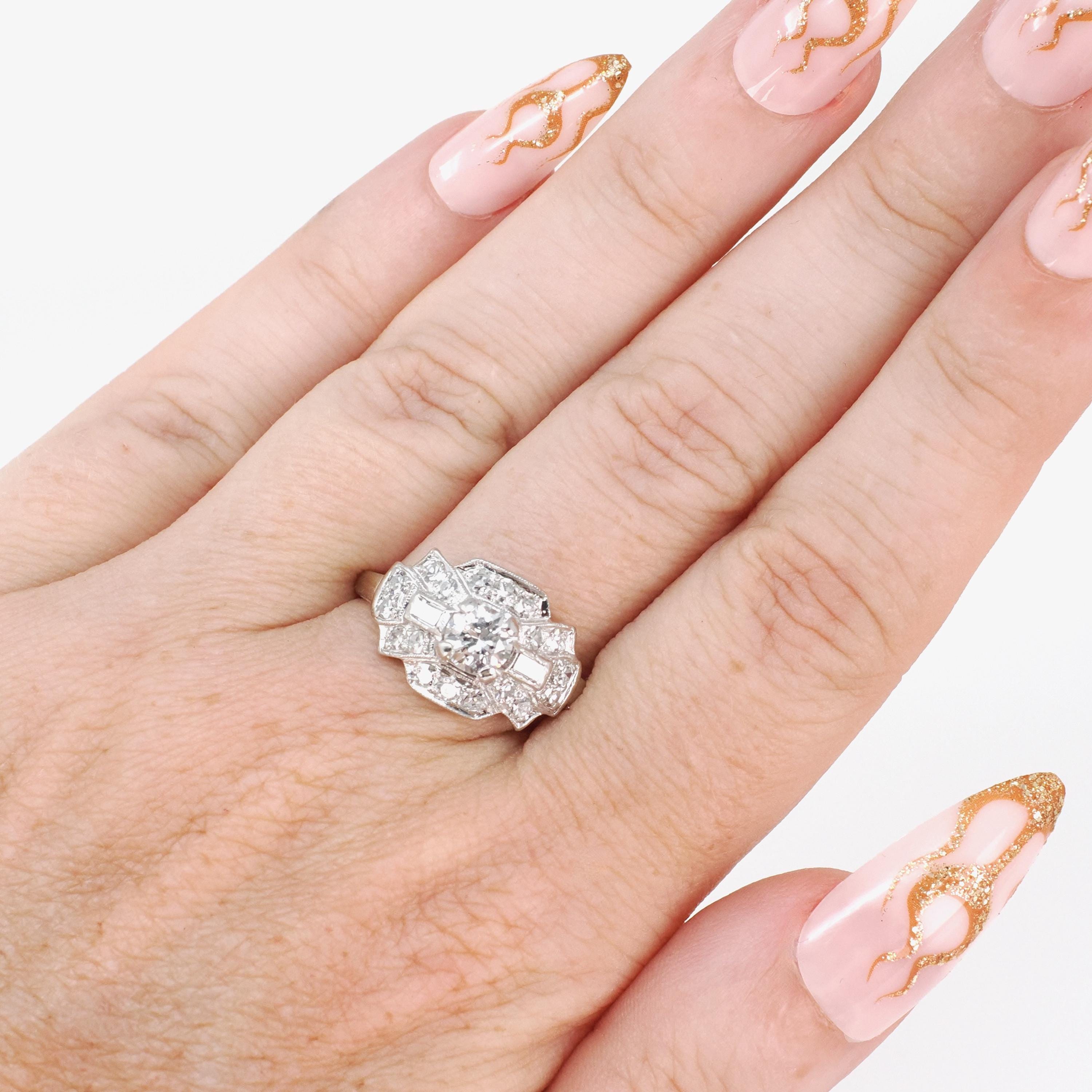 Vintage Engagement Ring - Mid Century Era Platinum 1.21 CTW Natural Diamonds - Circa 1950s Era Size 7 3/4 Fine East West Halo Bridal Jewelry
