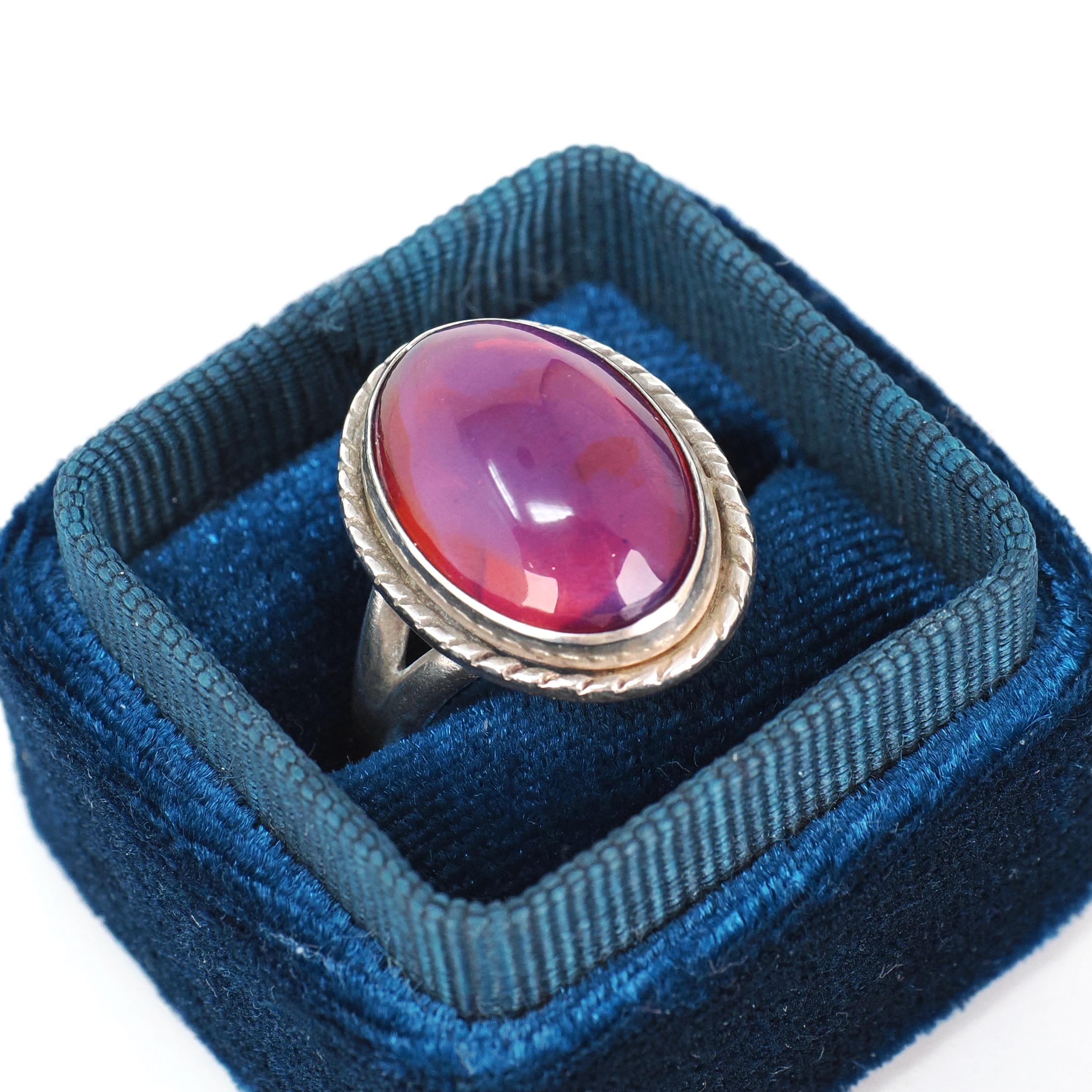 Dragon's Breath Ring - Art Deco Sterling Silver Purple Blue Red Orange Art Glass - Vintage Circa 1930s Era Size 4 1/4 Cabochon Cut Jewelry