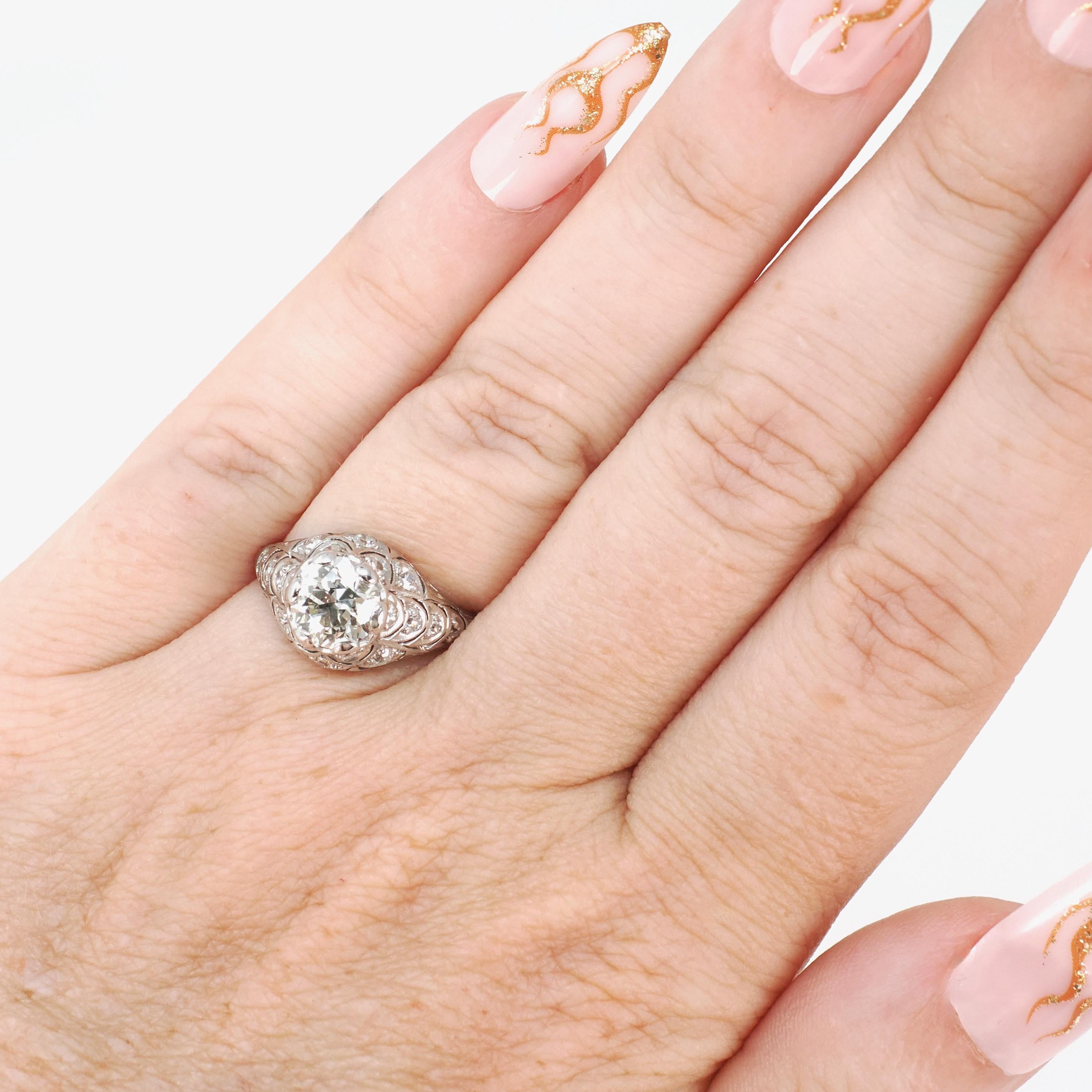 1.18 ct Old European Cut Diamond Ring - Platinum 1.53 CTW Natural Diamond Filigree Engagement - Circa 1920s Era Size 6 Mermaid Fine Jewelry