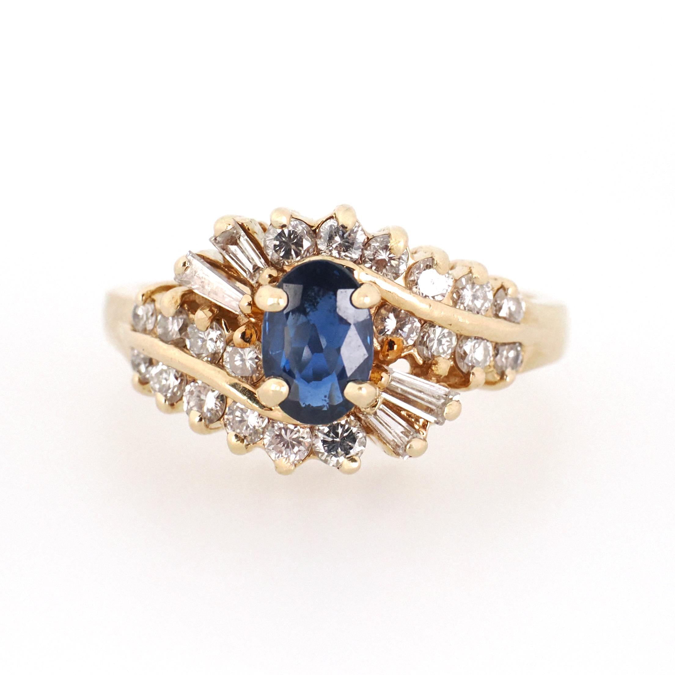 Ballerina Halo Ring - Estate 14k Yellow Gold .46 CT Natural Blue Sapphire .54 CTW Diamonds - Modern 1990s Size 4.25 Engagement Fine Jewelry