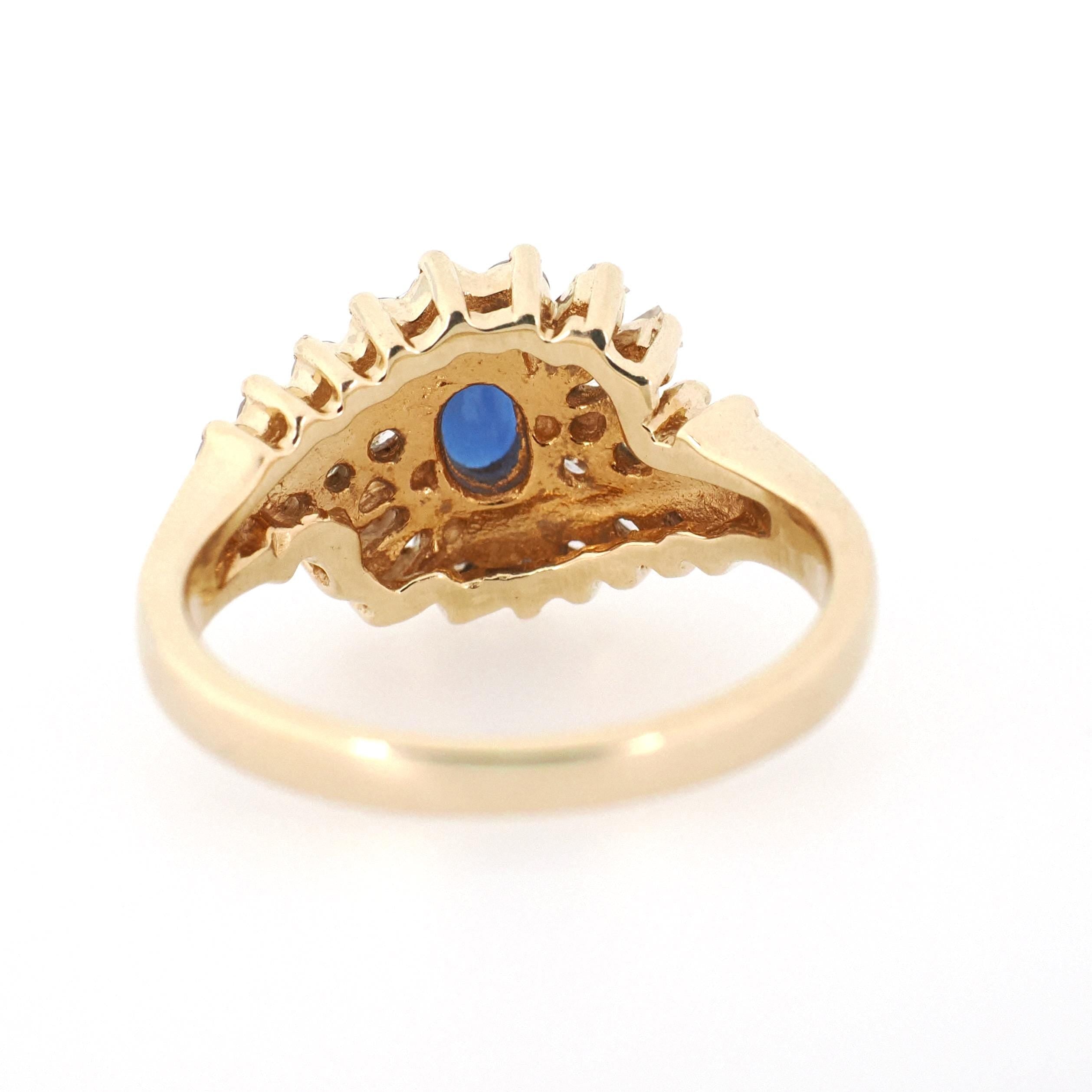 Ballerina Halo Ring - Estate 14k Yellow Gold .46 CT Natural Blue Sapphire .54 CTW Diamonds - Modern 1990s Size 4.25 Engagement Fine Jewelry