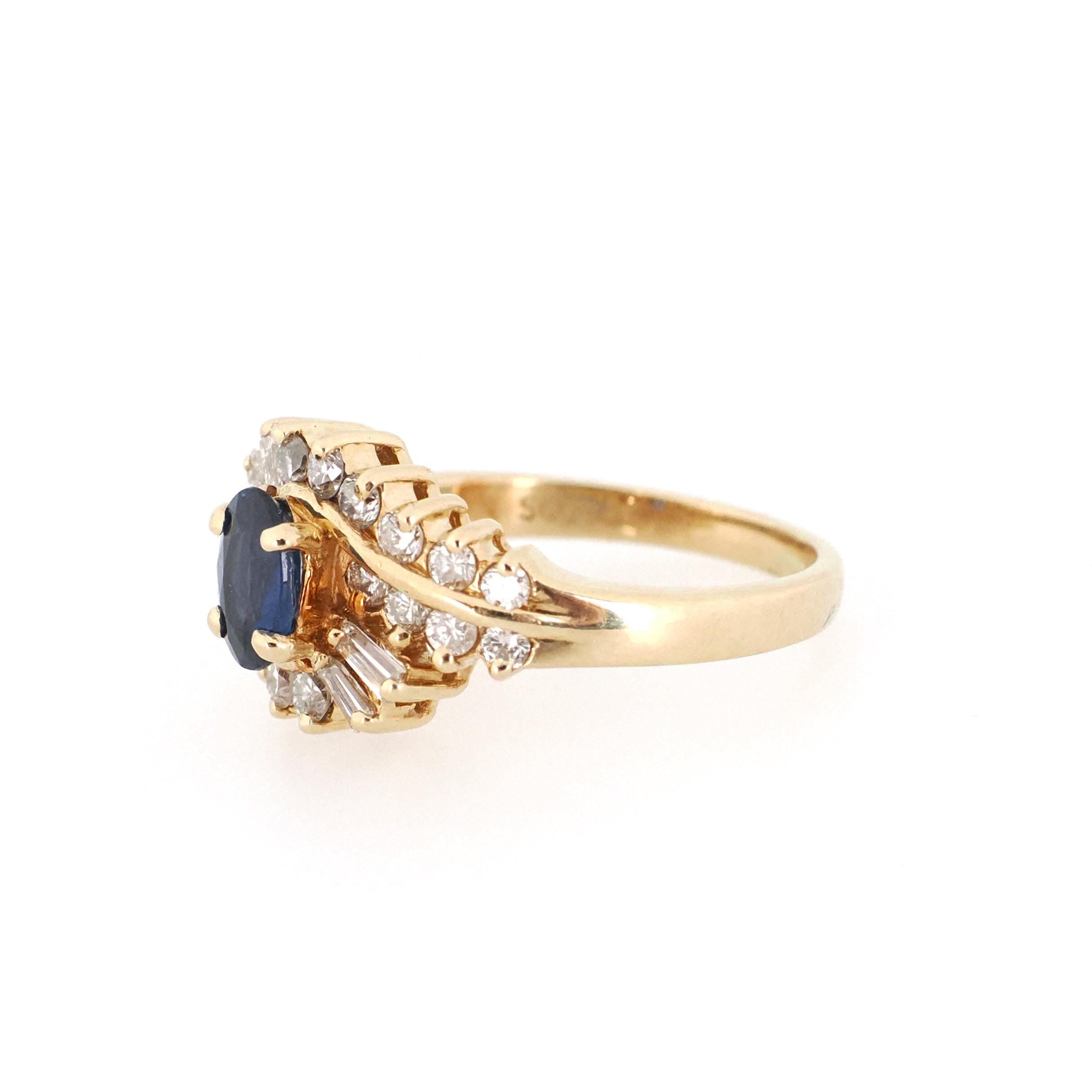 Ballerina Halo Ring - Estate 14k Yellow Gold .46 CT Natural Blue Sapphire .54 CTW Diamonds - Modern 1990s Size 4.25 Engagement Fine Jewelry