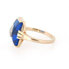 Created Blue Spinel Ring - Mid Century 10k Yellow Gold Fancy Cut Stone & Natural Diamond Signet - Circa 1940s Era Size 6 Fine Unisex Jewelry