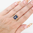 Created Blue Spinel Ring - Mid Century 10k Yellow Gold Fancy Cut Stone & Natural Diamond Signet - Circa 1940s Era Size 6 Fine Unisex Jewelry