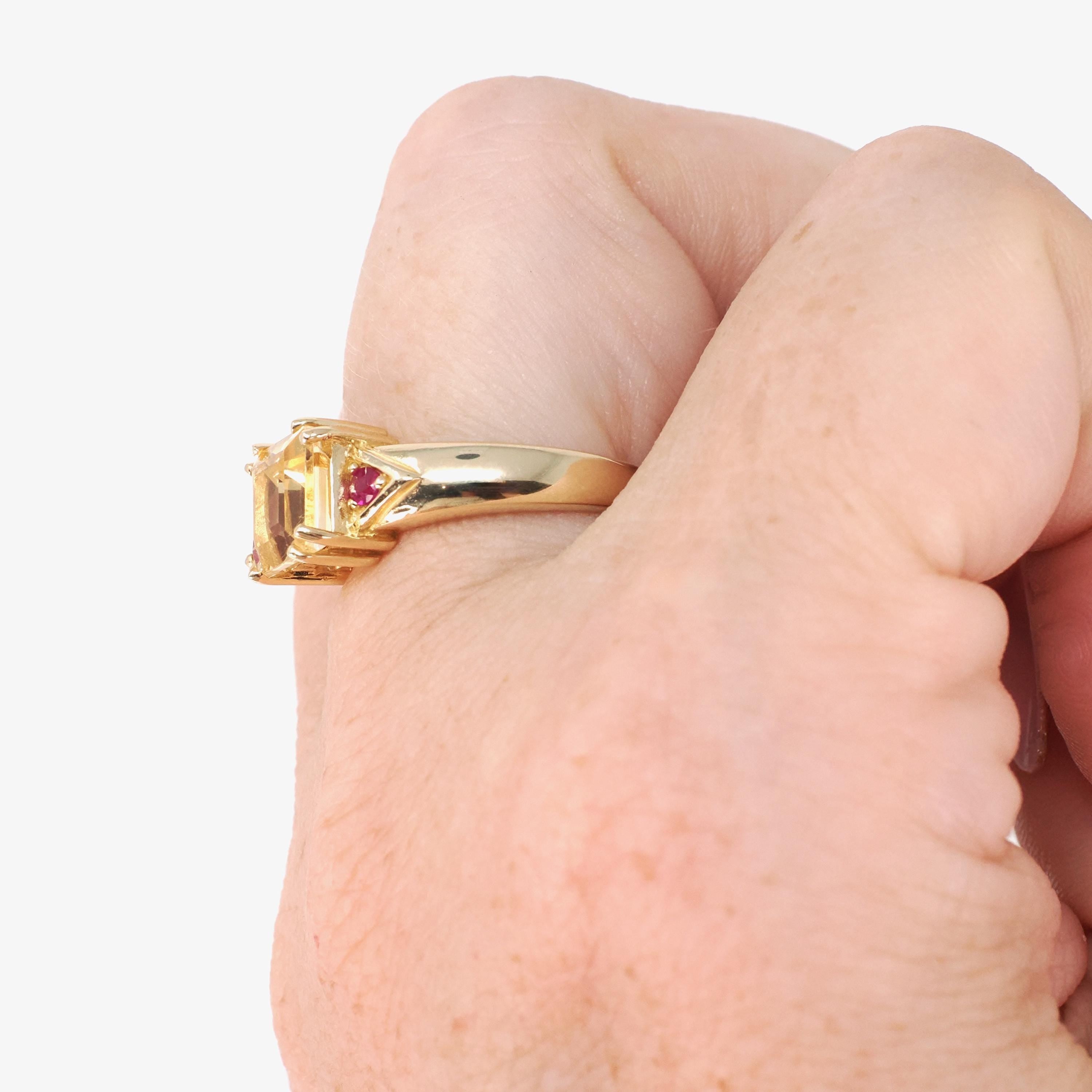 Modern Citrine Ring - Estate 14k Yellow Gold Natural Square Citrine & Created Ruby Gemstones - Circa 2000s Era Size 6 Fine November Jewelry