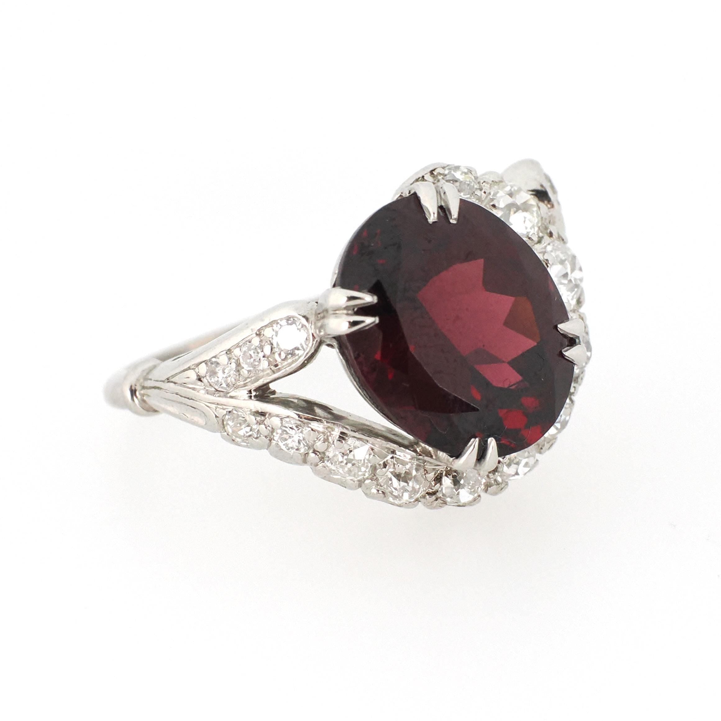 Bypass Halo Ring - Mid Century Platinum 6.55 CT Natural Red Garnet .91 CTW Diamond Swirl Engagement - Circa 1950s Size 6 1/2 Fine Jewelry