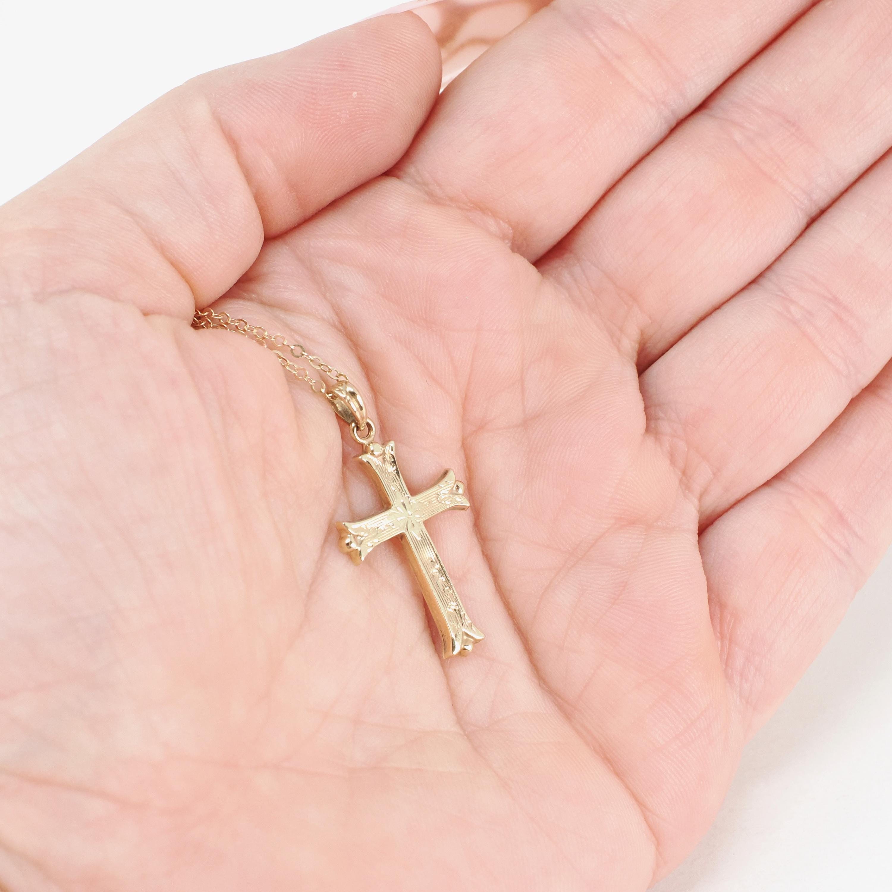 Vintage Cross Pendant - Mid Century 10k Yellow Gold Floral Etching