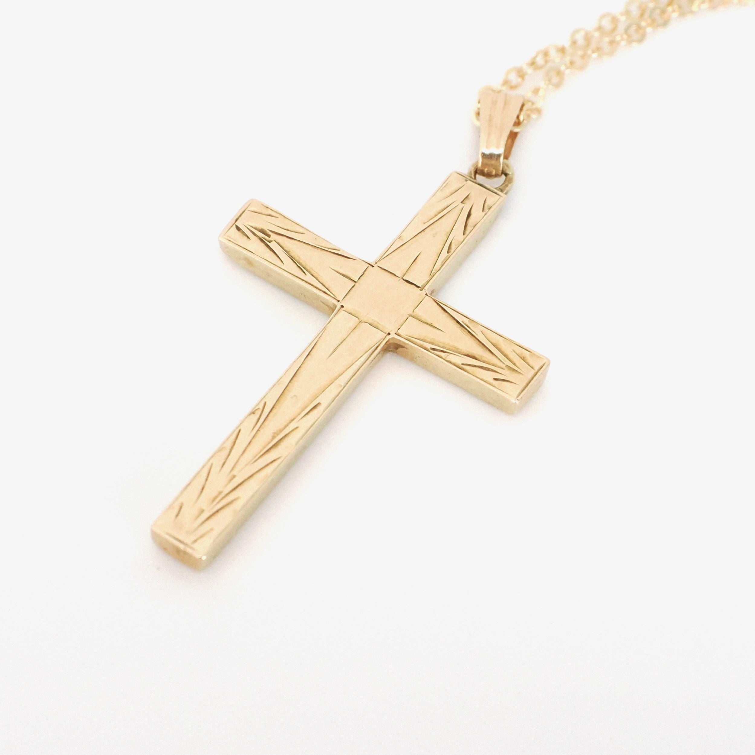 Vintage Cross Necklace - Mid Century 14k Yellow Gold Engraved Etched Pendant Charm - Circa 1950s Era Petite Religious Faith Esemco Jewelry