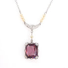 Art Deco Lavalier - Vintage 10k White Gold Simulated Amethyst Purple Glass Seed Pearl Gemstone Necklace - Circa 1930s February Fine Jewelry