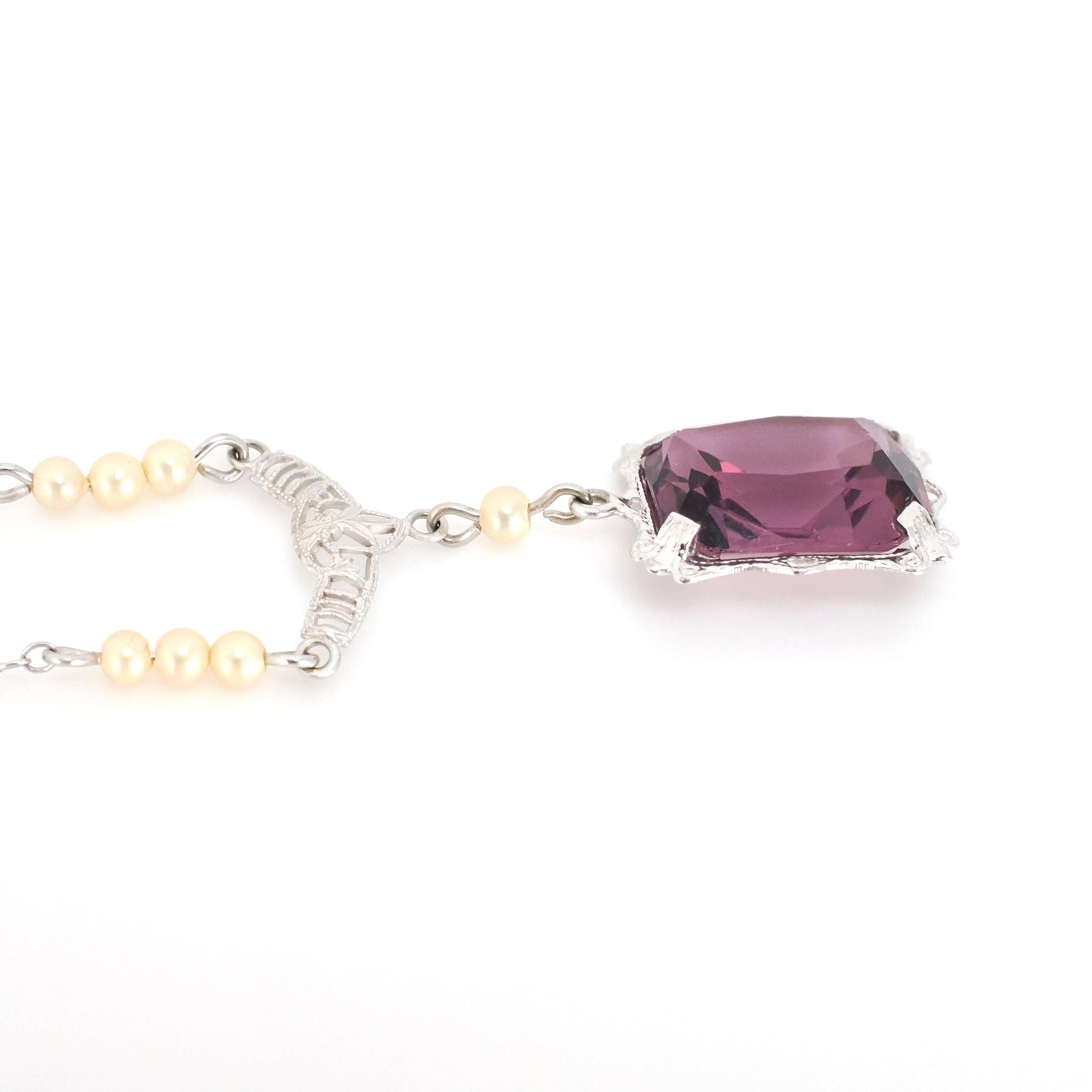 Art Deco Lavalier - Vintage 10k White Gold Simulated Amethyst Purple Glass Seed Pearl Gemstone Necklace - Circa 1930s February Fine Jewelry