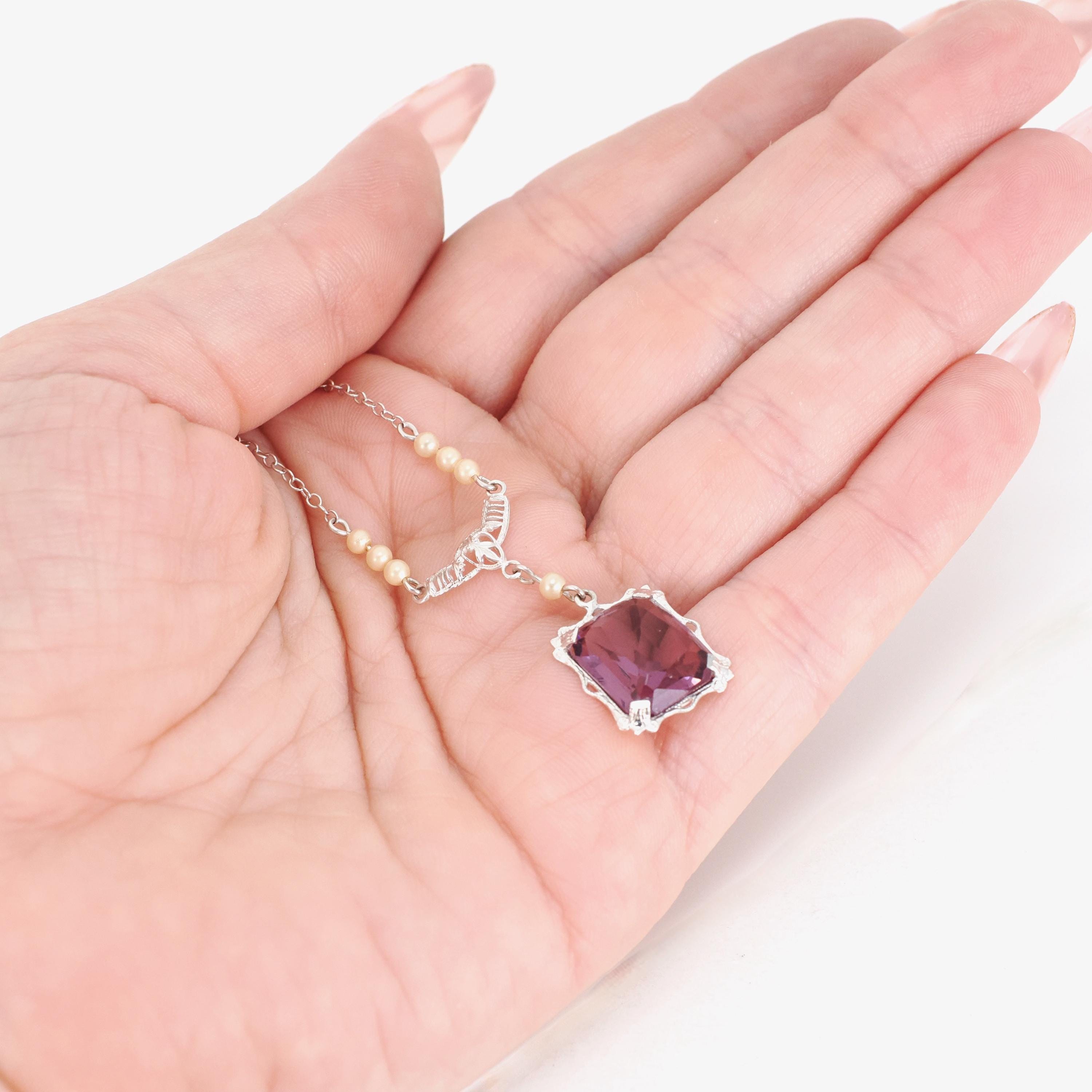 Art Deco Lavalier - Vintage 10k White Gold Simulated Amethyst Purple Glass Seed Pearl Gemstone Necklace - Circa 1930s February Fine Jewelry