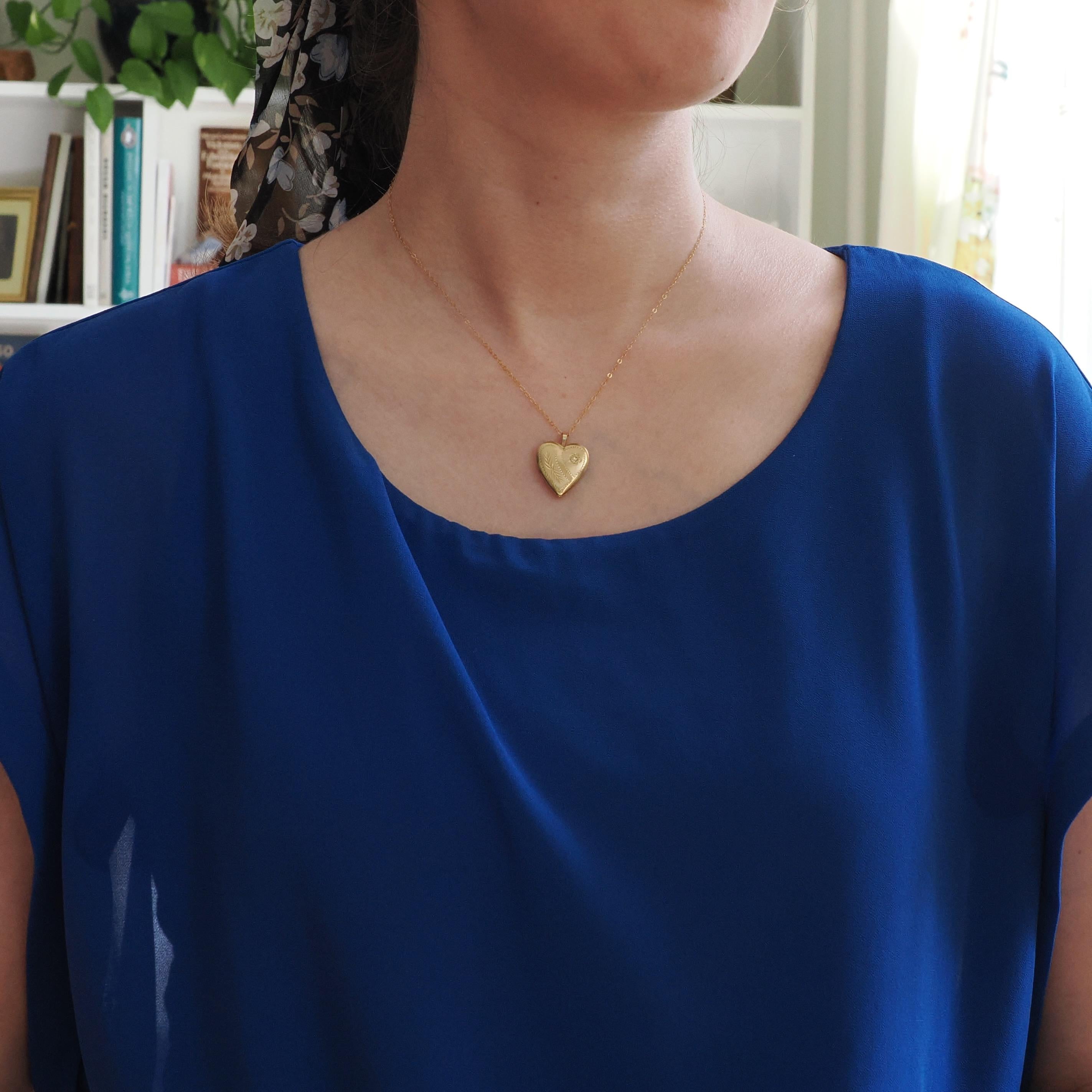 Estate Heart Locket - Modern 14k Gold Filled Engraved Flower Leaf Design Necklace Pendant - Circa 2000's Era Photograph Keepsake PPC Jewelry