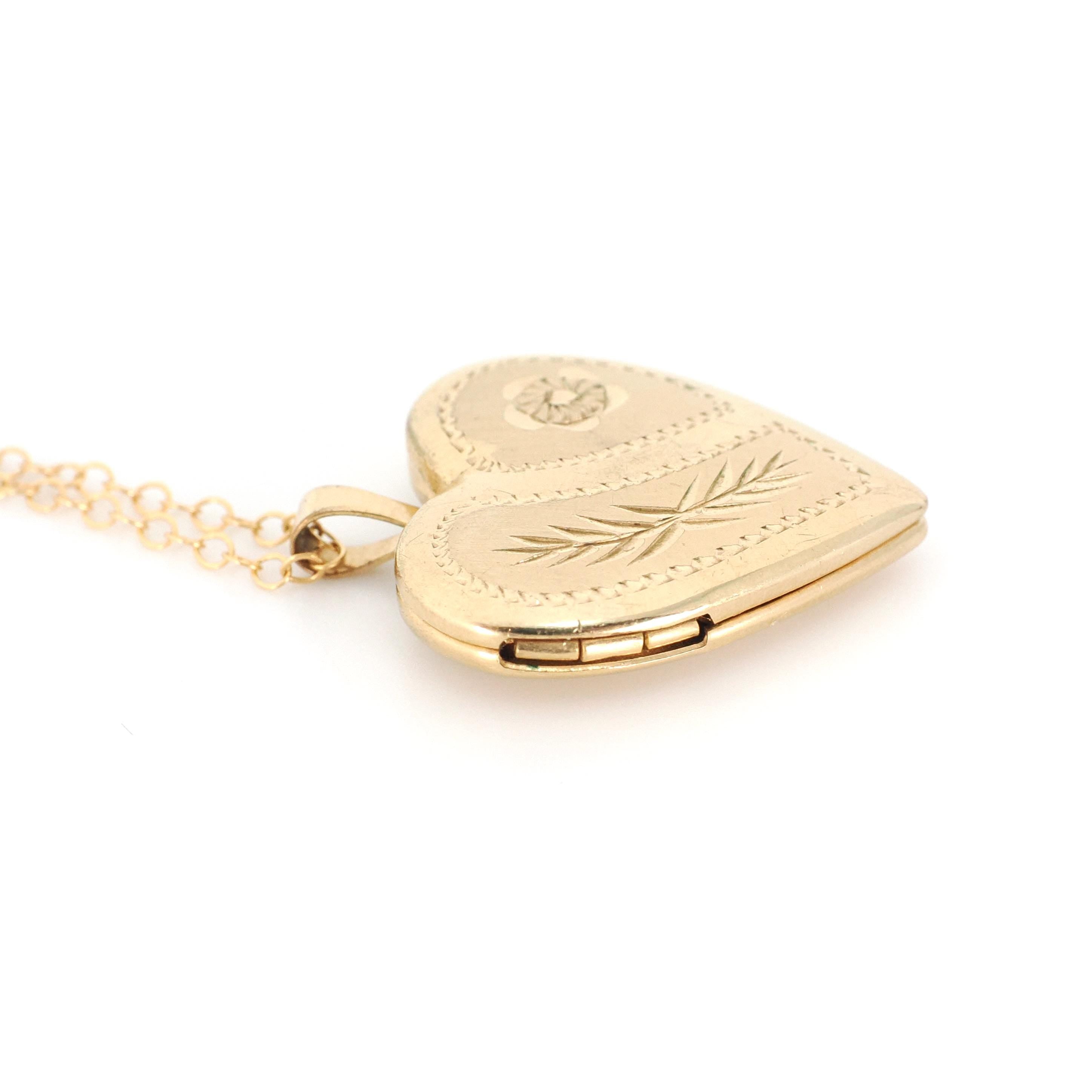 Estate Heart Locket - Modern 14k Gold Filled Engraved Flower Leaf Design Necklace Pendant - Circa 2000's Era Photograph Keepsake PPC Jewelry