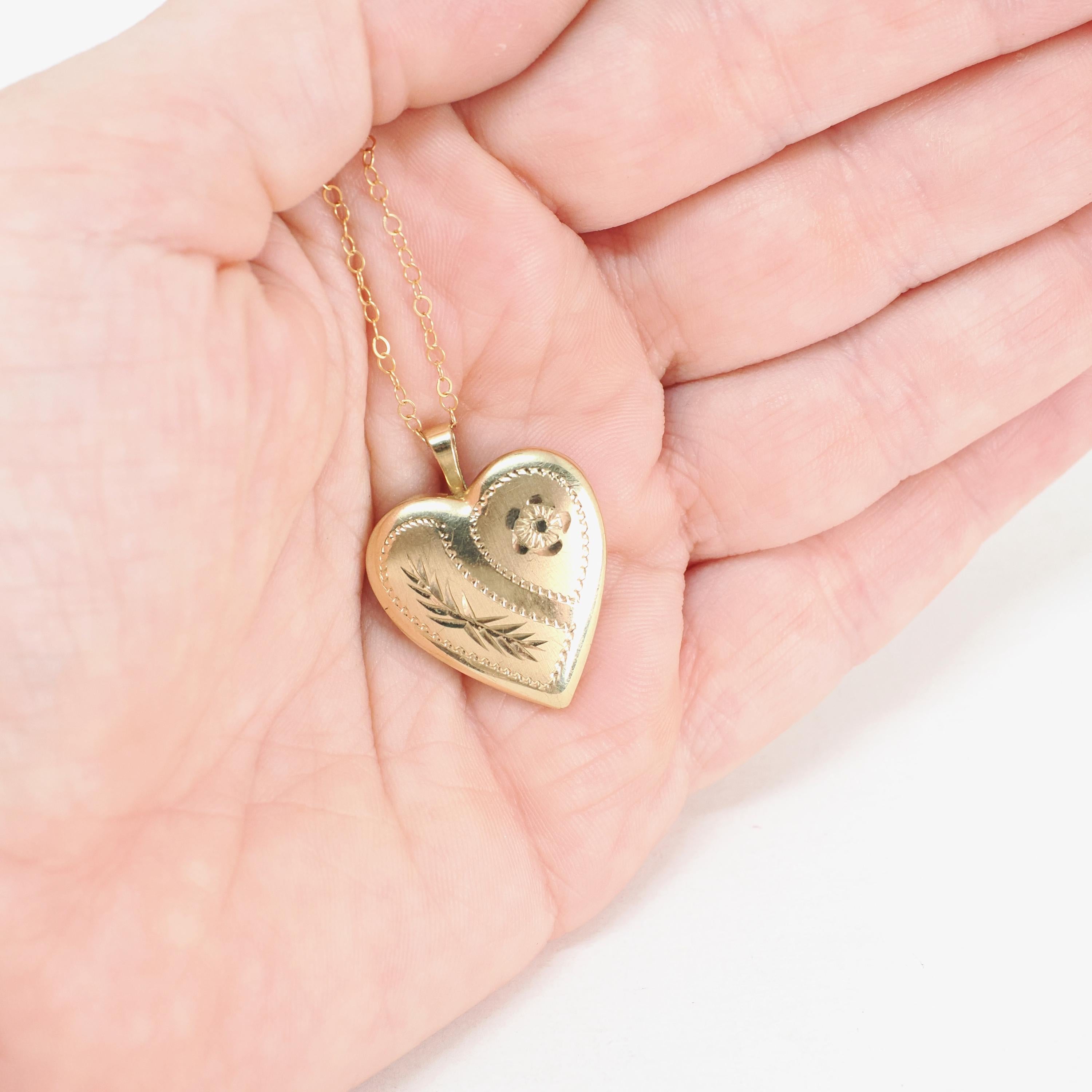 Estate Heart Locket - Modern 14k Gold Filled Engraved Flower Leaf Design Necklace Pendant - Circa 2000's Era Photograph Keepsake PPC Jewelry