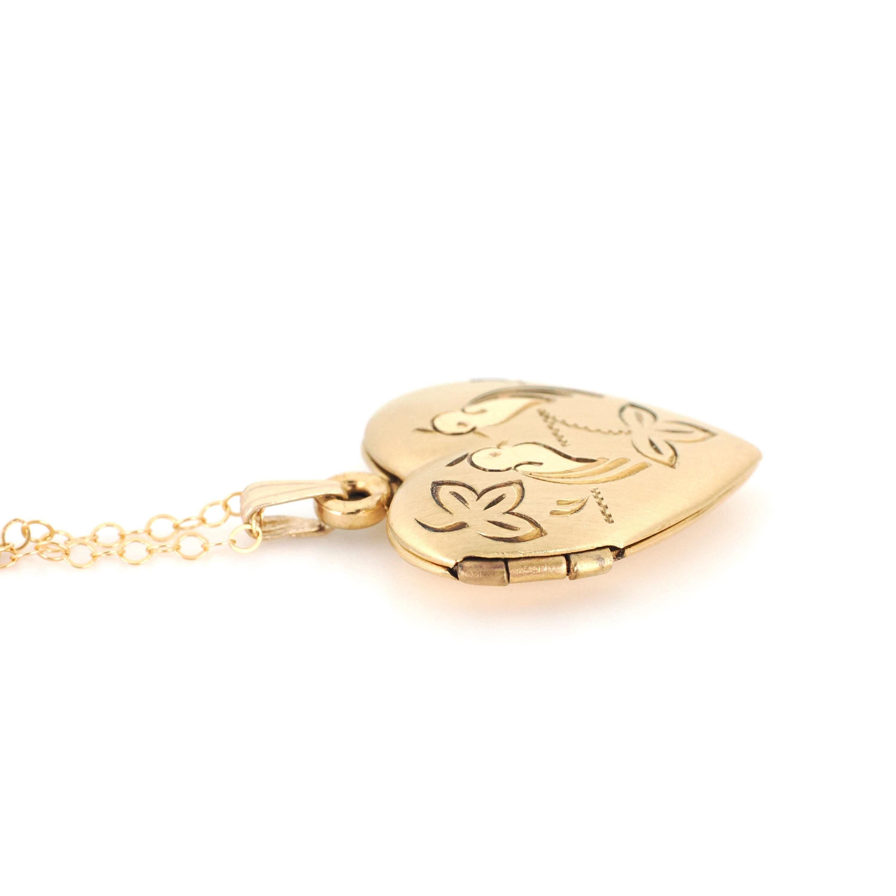 Love Bird Locket - Retro 14k Gold Filled Engraved Heart Pendant Necklace Charm - Vintage Circa 1960s Era Sweetheart Keepsake Photo Jewelry