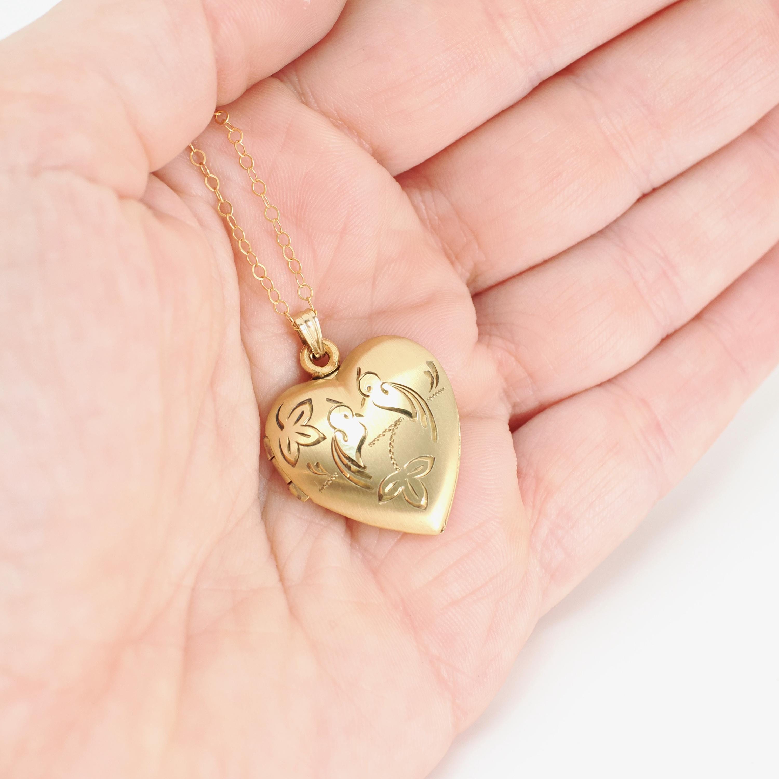 Love Bird Locket - Retro 14k Gold Filled Engraved Heart Pendant Necklace Charm - Vintage Circa 1960s Era Sweetheart Keepsake Photo Jewelry