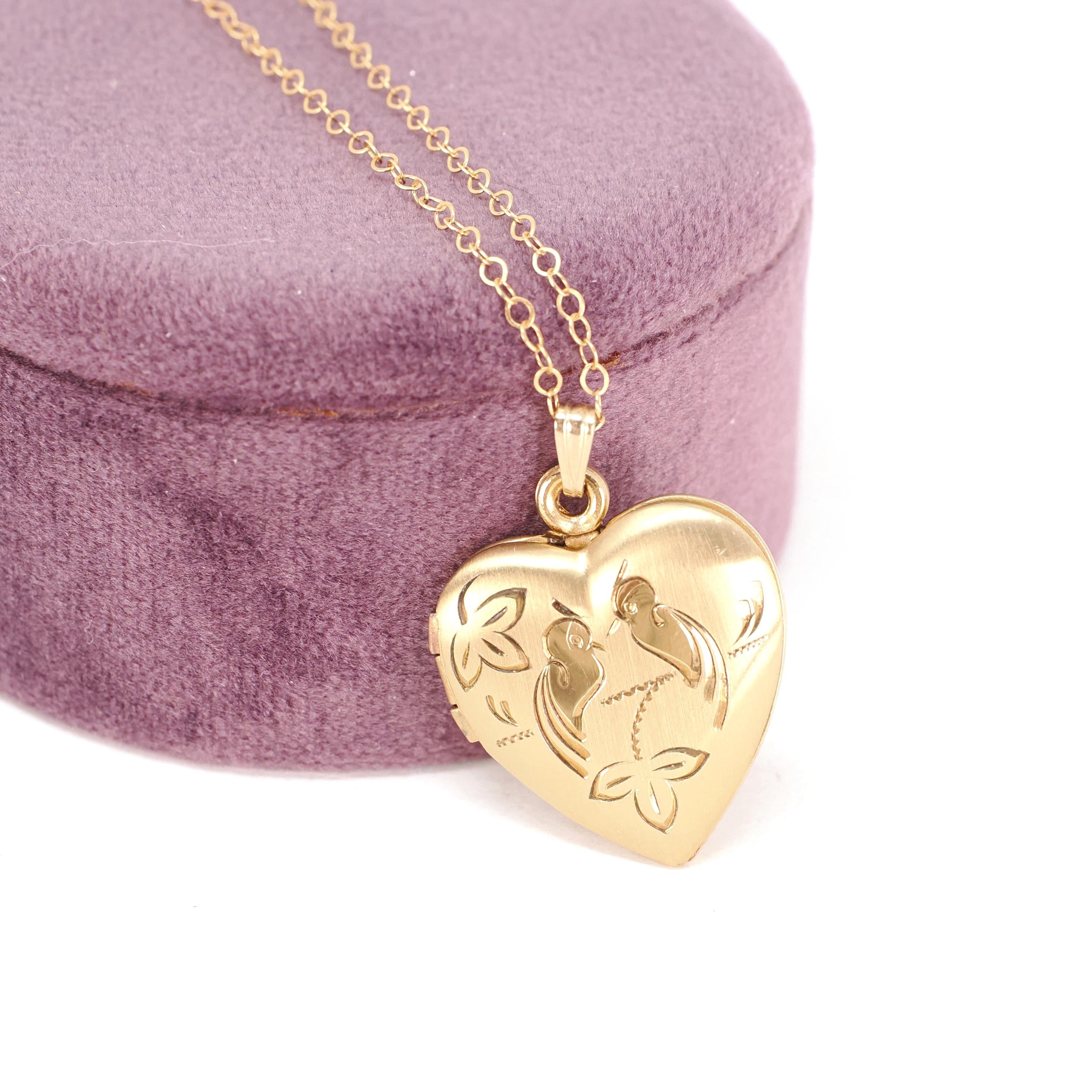 Love Bird Locket - Retro 14k Gold Filled Engraved Heart Pendant Necklace Charm - Vintage Circa 1960s Era Sweetheart Keepsake Photo Jewelry