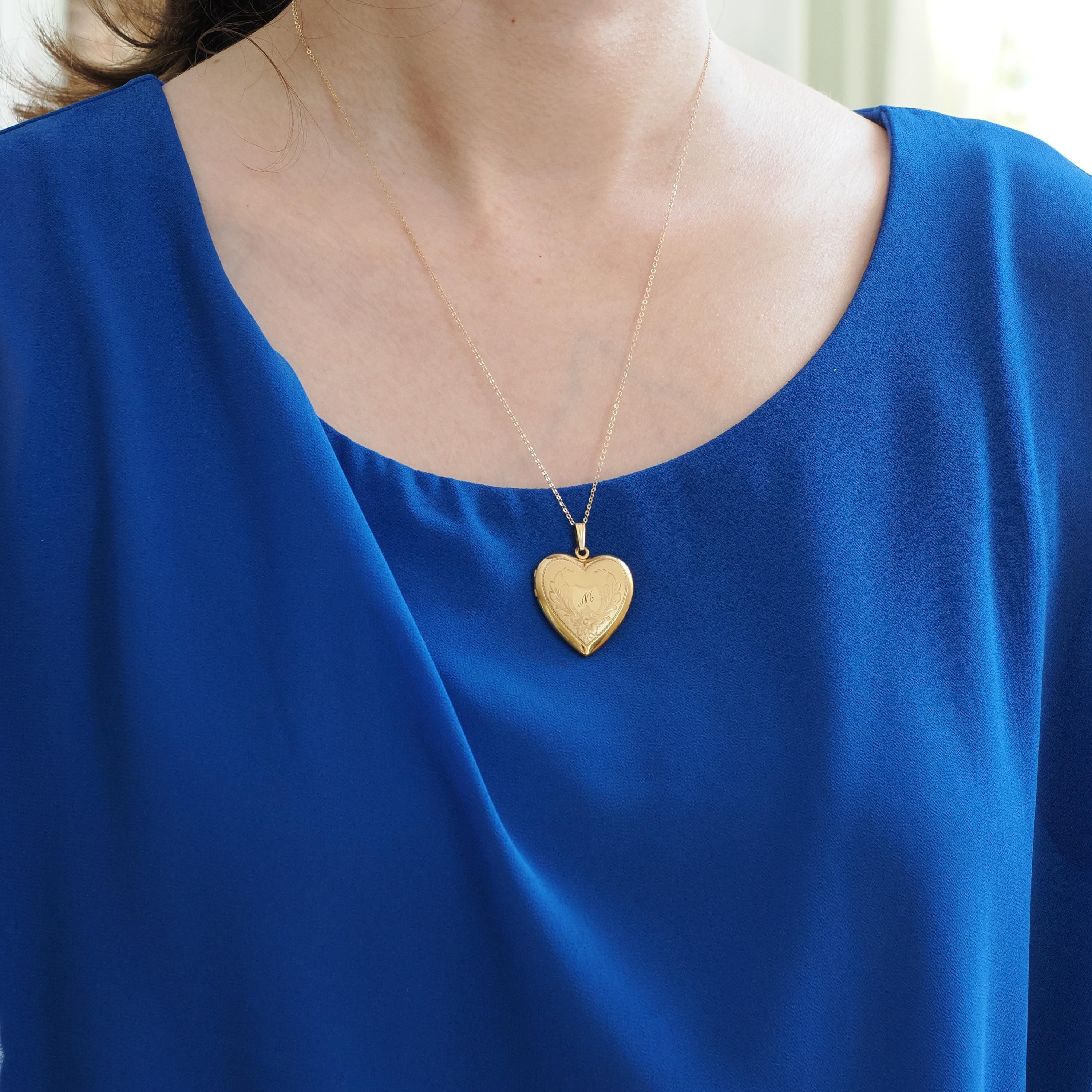 Letter "M" Locket - Retro 12k Gold Filled Engraved Single Initial Heart Pendant Necklace - Circa 1940s Statement Keepsake Photograph Jewelry