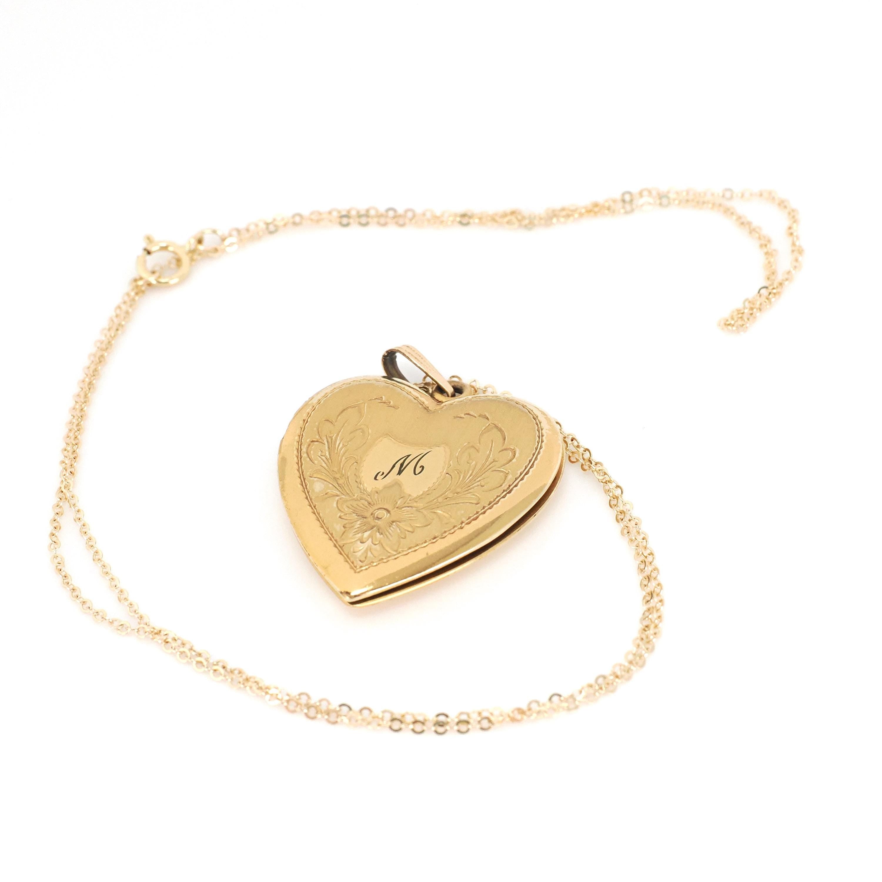 Letter "M" Locket - Retro 12k Gold Filled Engraved Single Initial Heart Pendant Necklace - Circa 1940s Statement Keepsake Photograph Jewelry