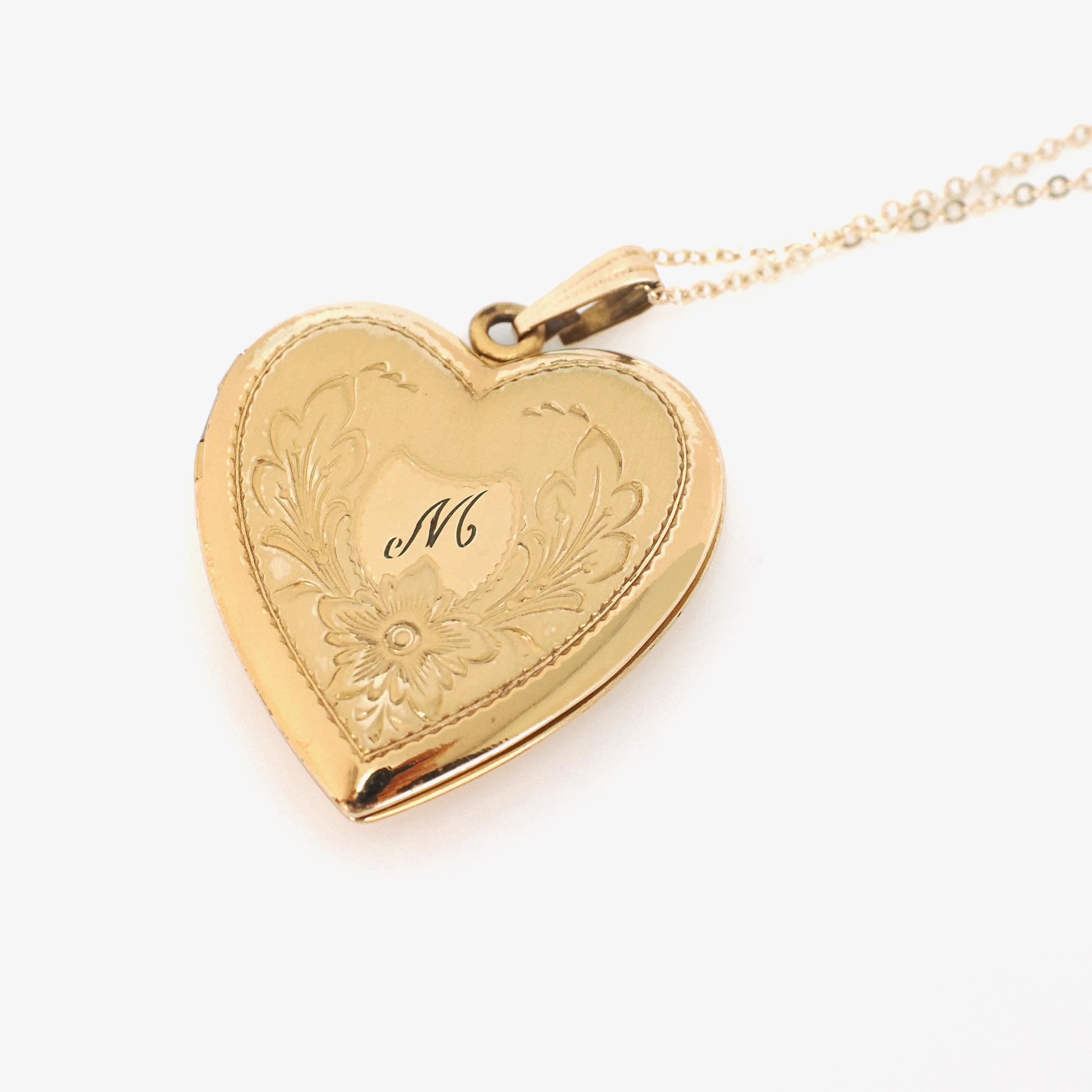 Letter "M" Locket - Retro 12k Gold Filled Engraved Single Initial Heart Pendant Necklace - Circa 1940s Statement Keepsake Photograph Jewelry